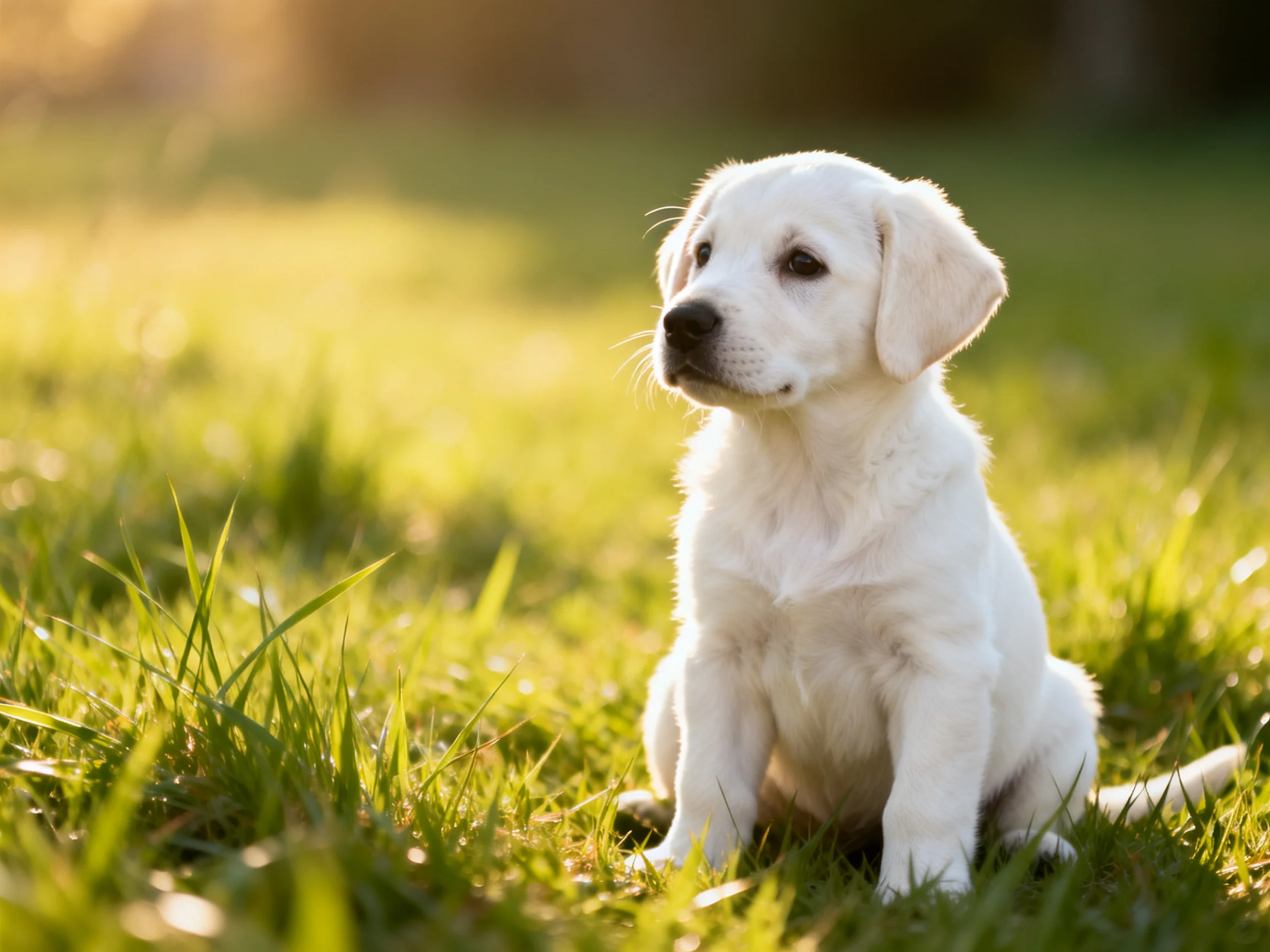 A small white puppy sitting on lush green grass in warm sunlight