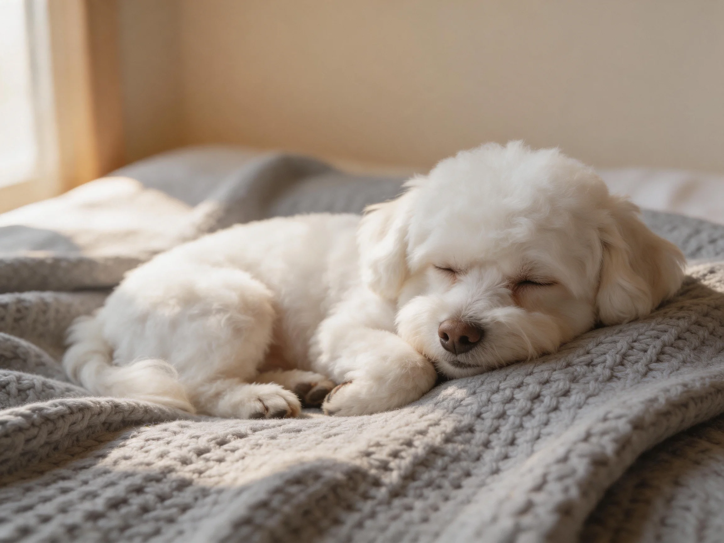 A small white puppy sleeps peacefully on a textured gray blanket