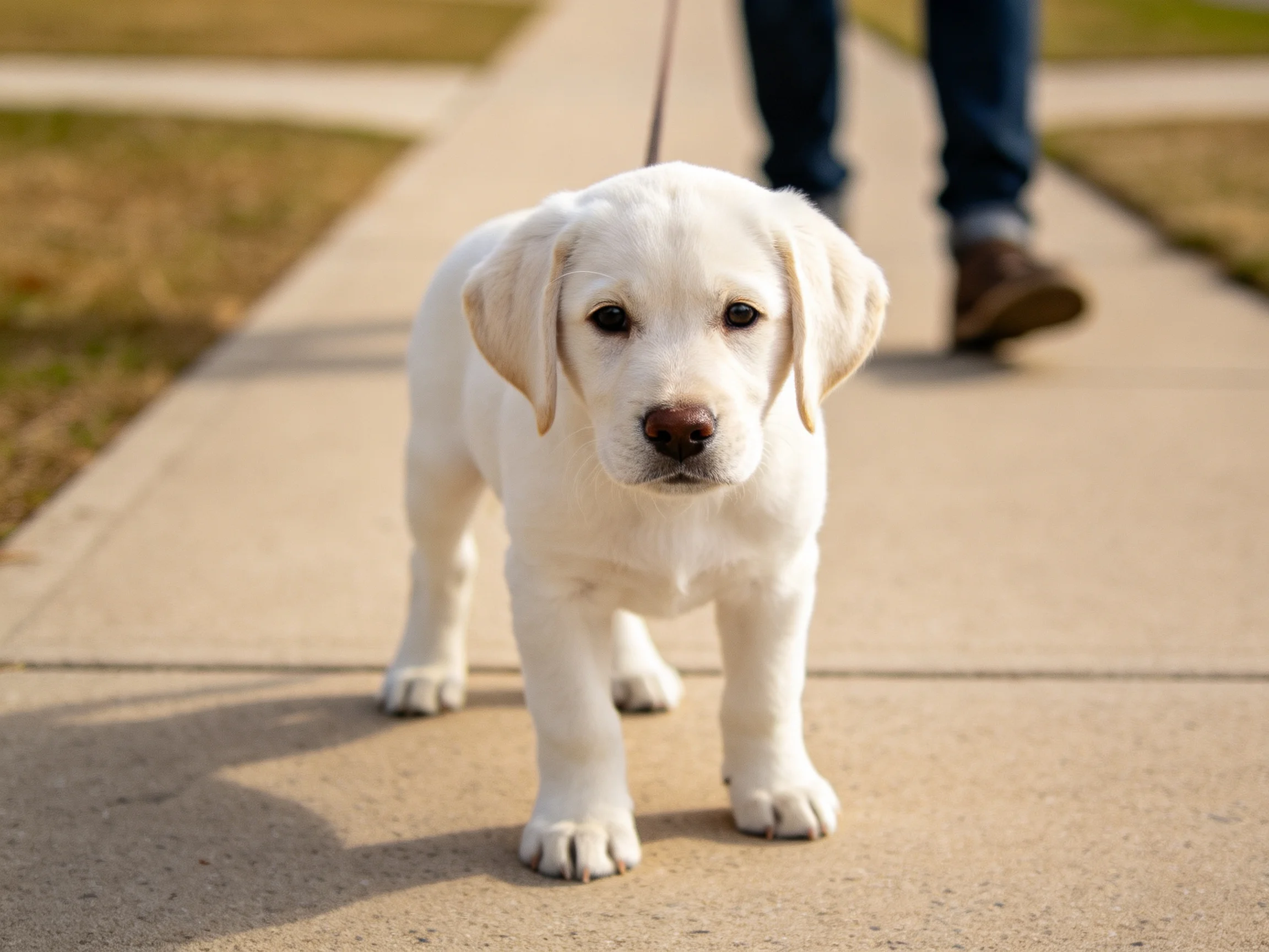 A small white puppy stands on a concrete sidewalk beside a walker