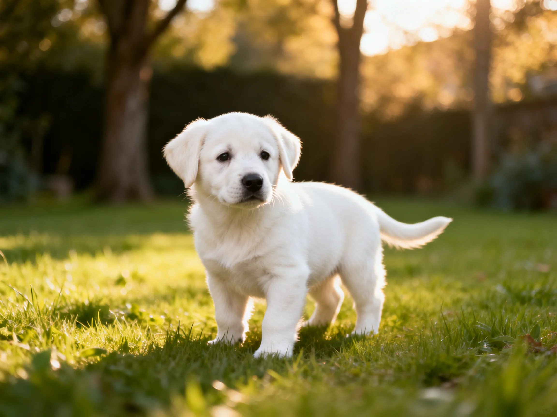 A small white puppy stands on grass in a sunlit outdoor area.