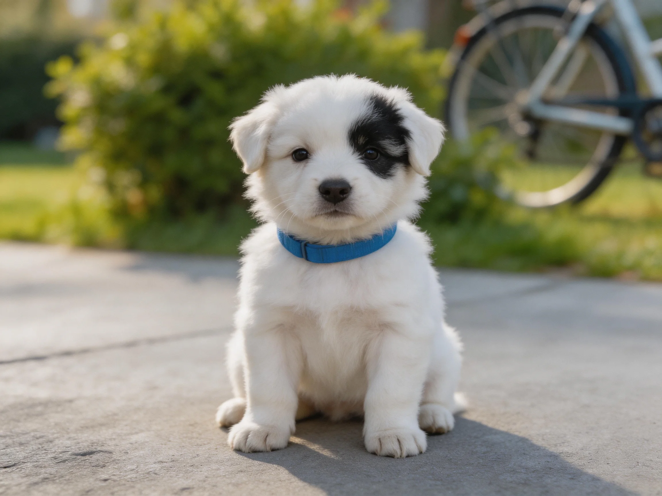 A small white puppy with a black facial spot sits on pavement near greenery.