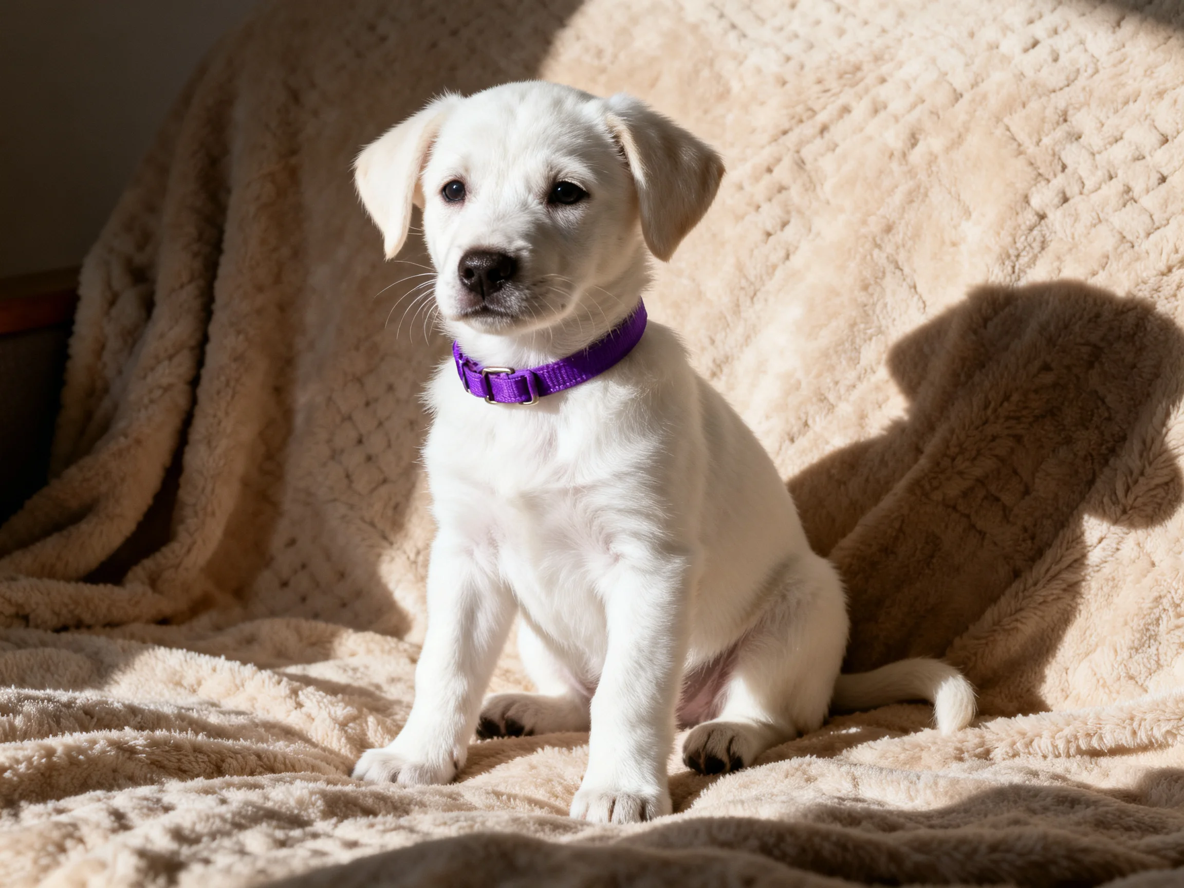 A small white puppy with a purple collar rests on a soft blanket.