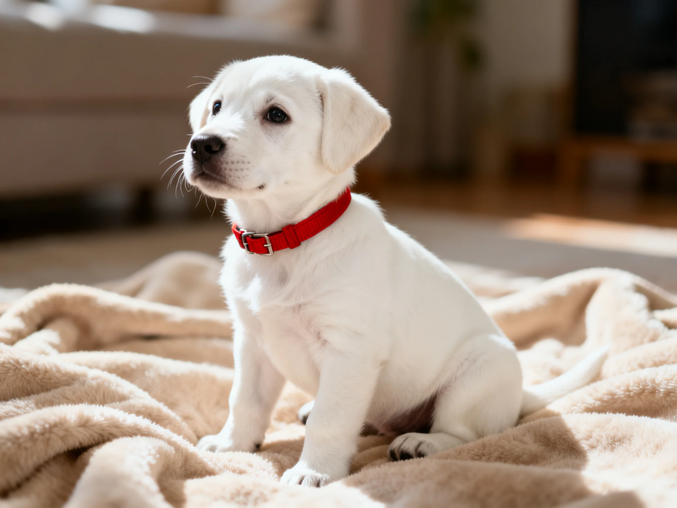 A small white puppy with a red collar sits on a beige blanket indoors