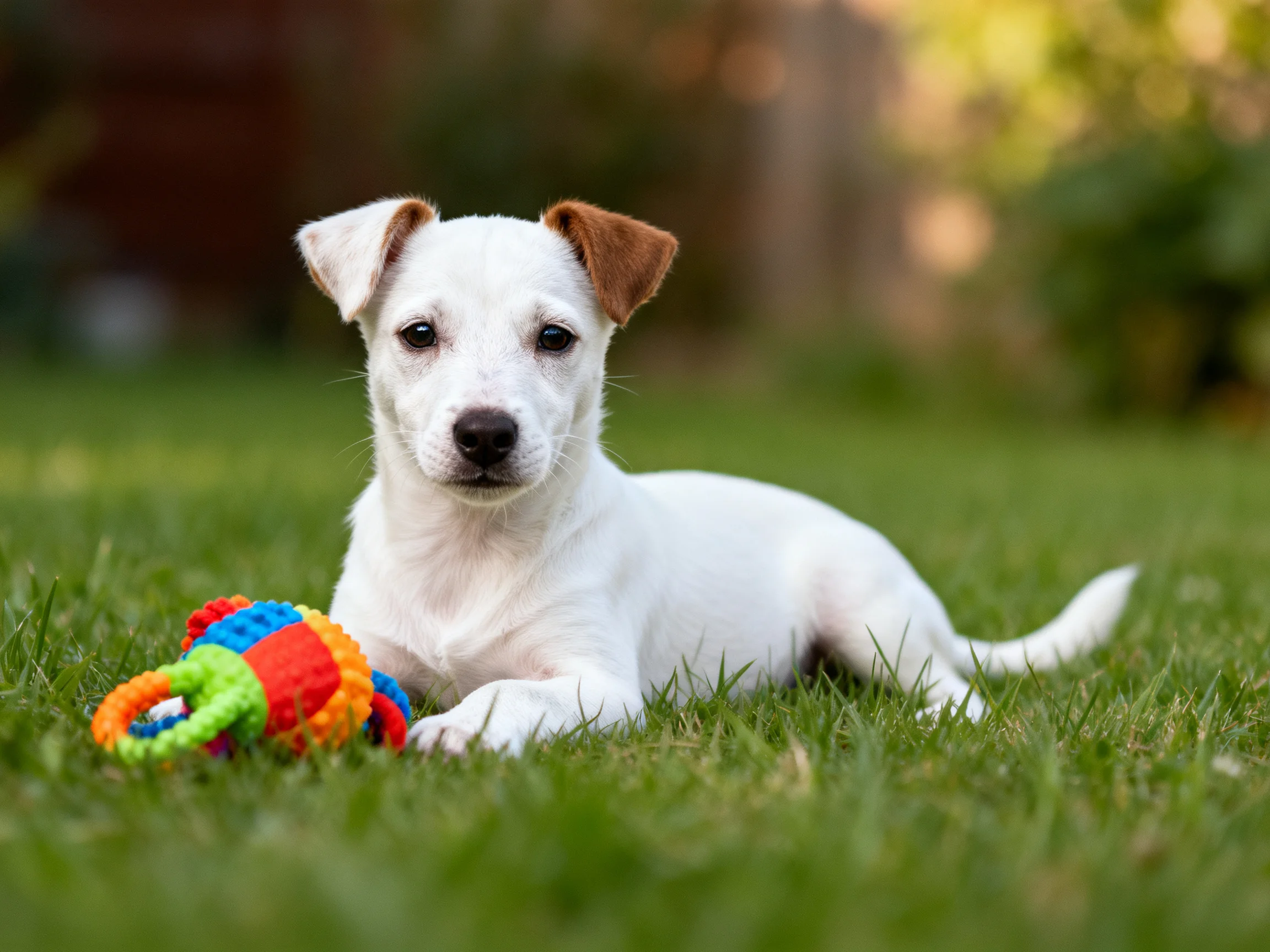 A small white puppy lies next to a colorful toy on lush grass.