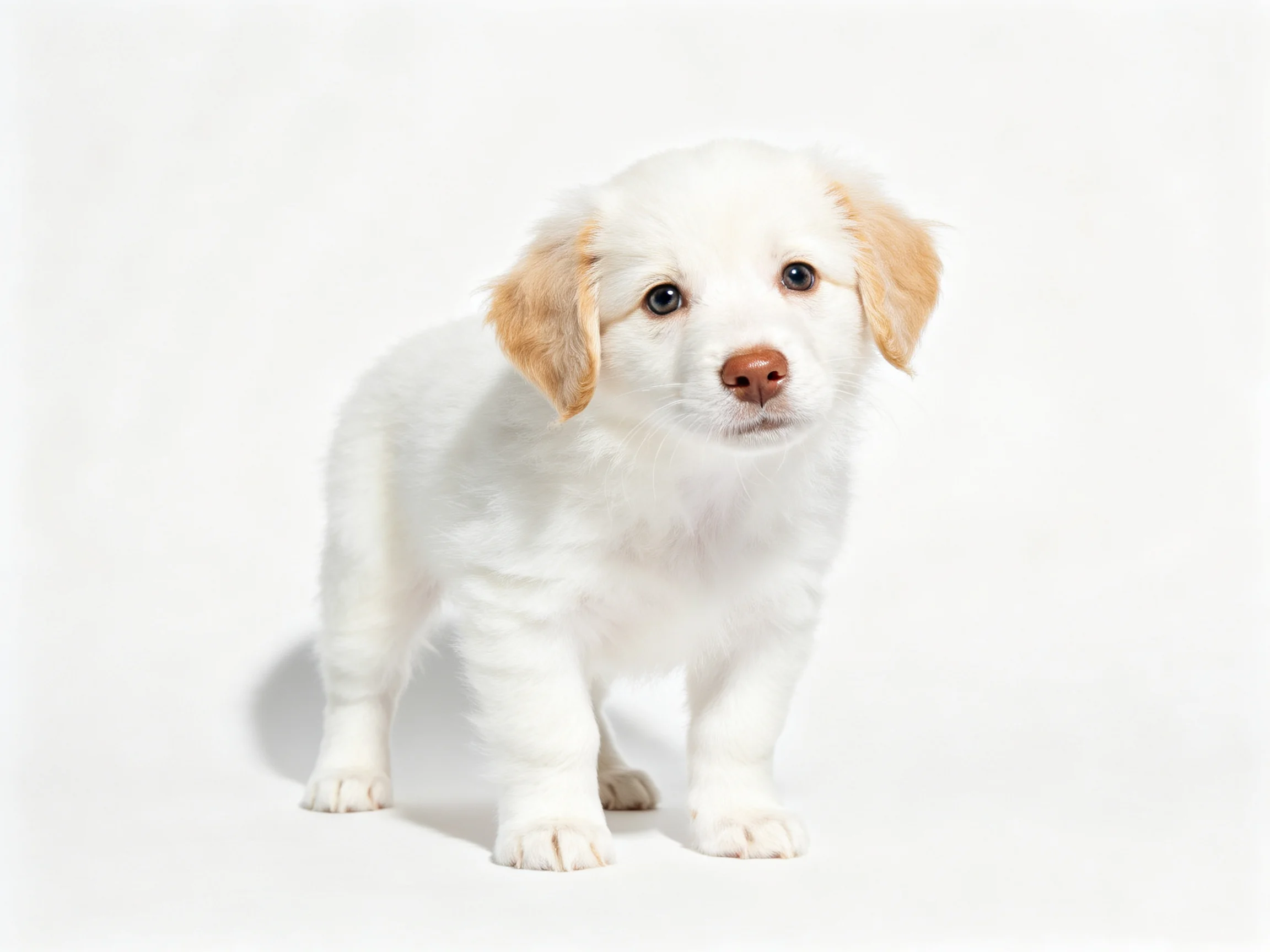 A small white puppy stands alone against a plain white background.