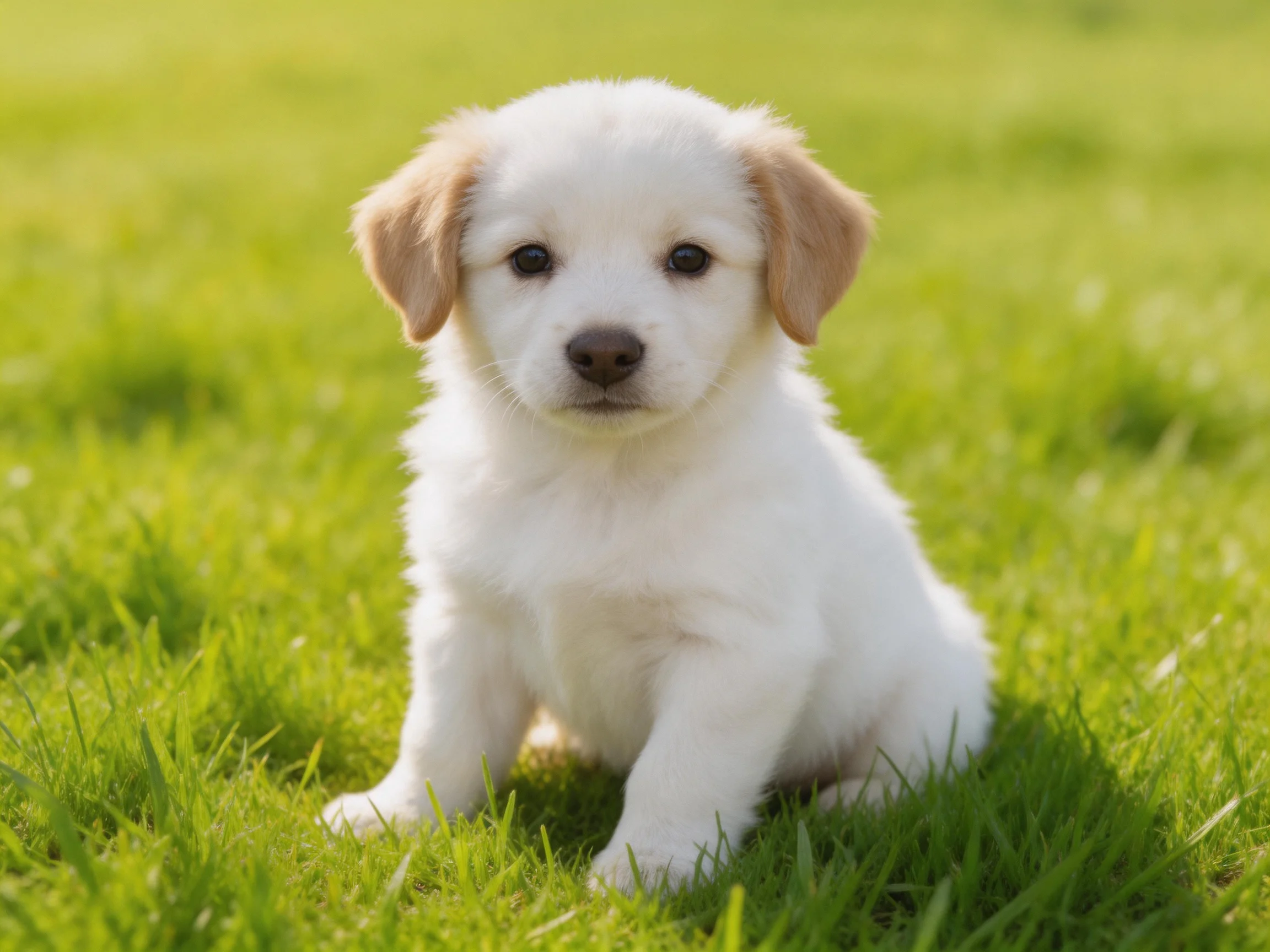 A small white puppy sits calmly among lush green grass.