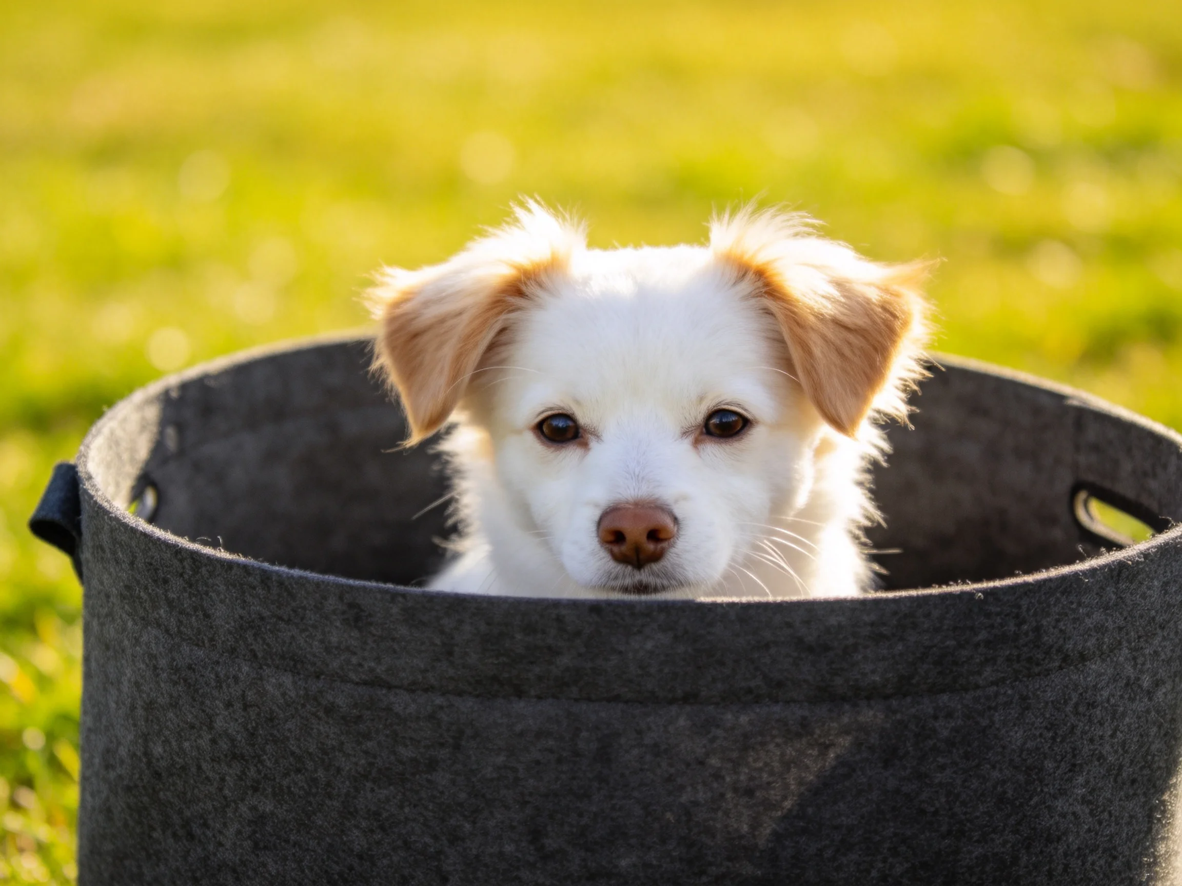 A small white puppy with tan ears sits in a large dark gray bucket outdoors