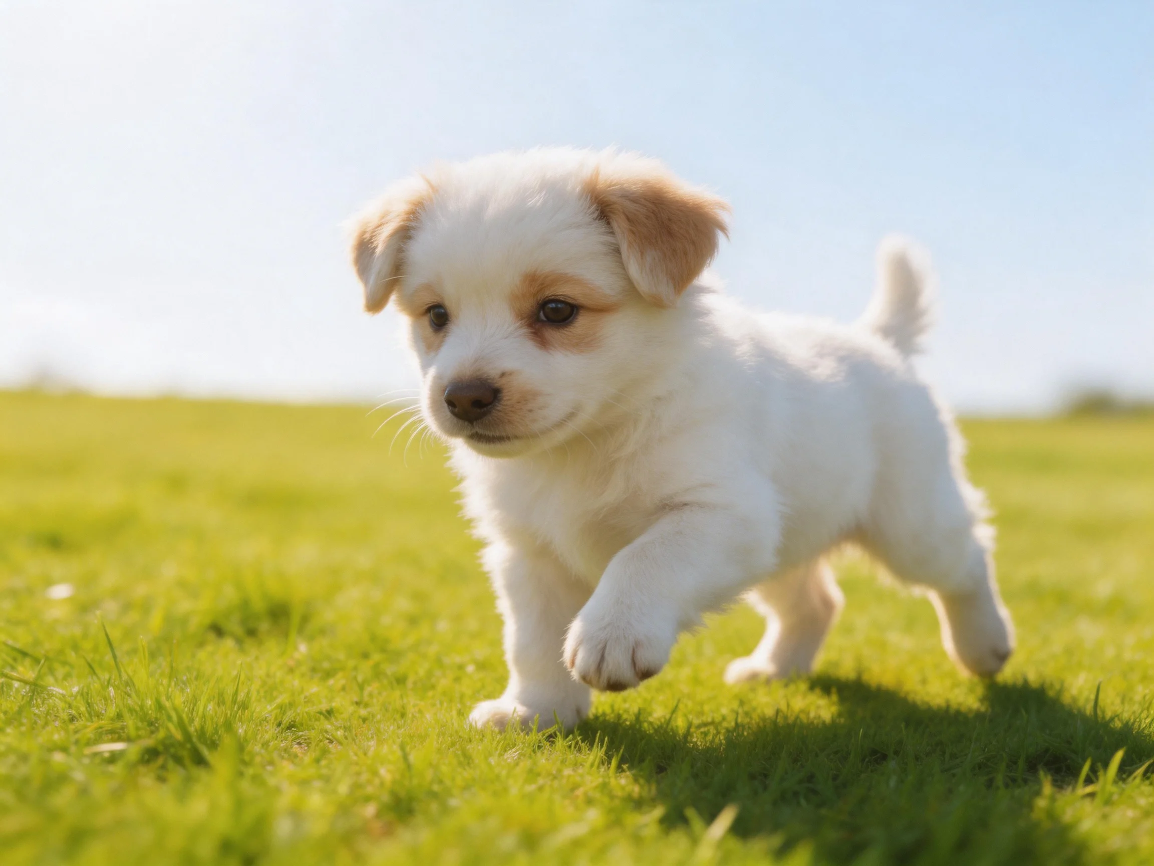 A small white puppy with tan markings runs across a sunlit grassy field.
