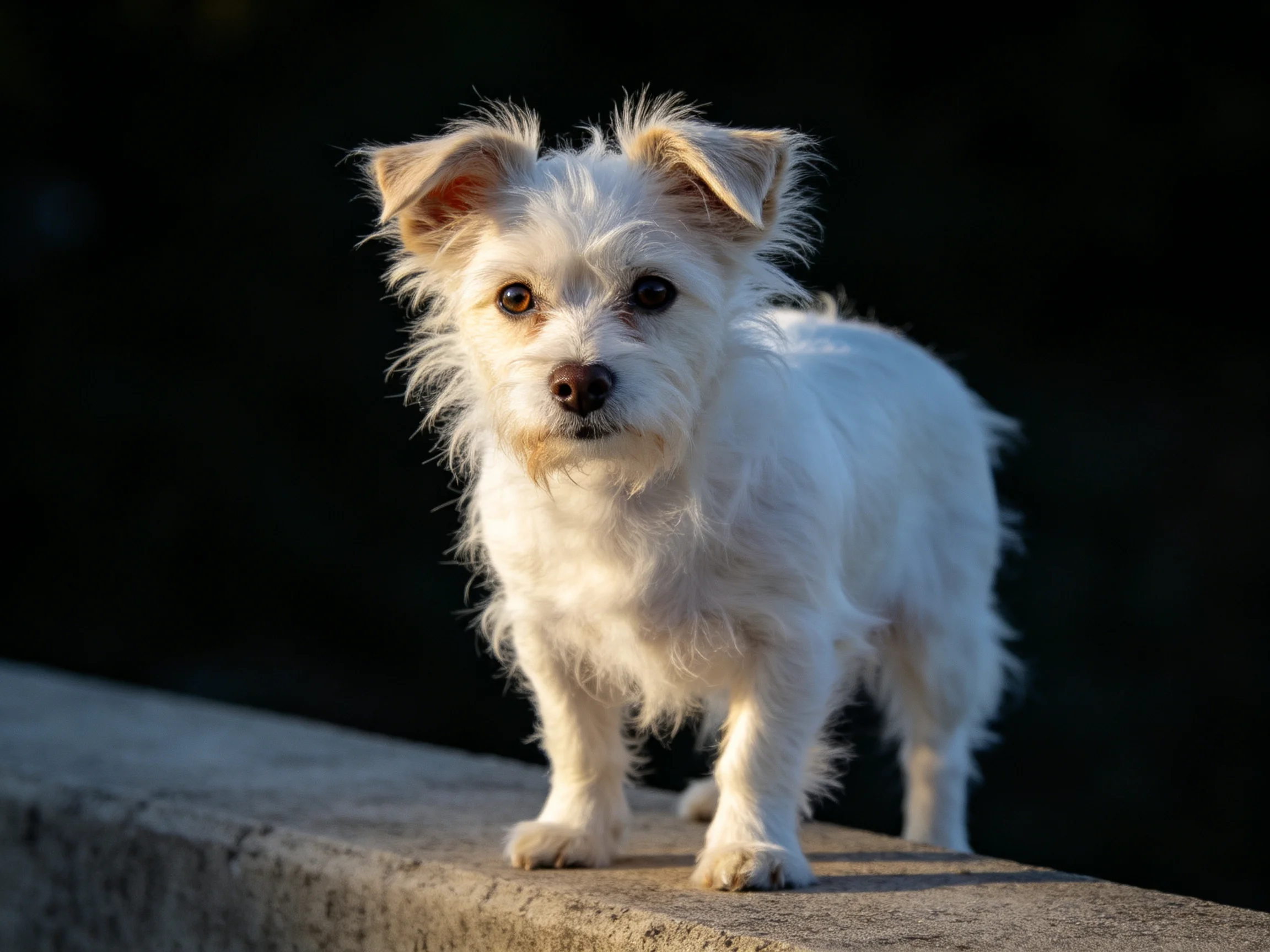 A small white shaggy dog standing on a concrete ledge