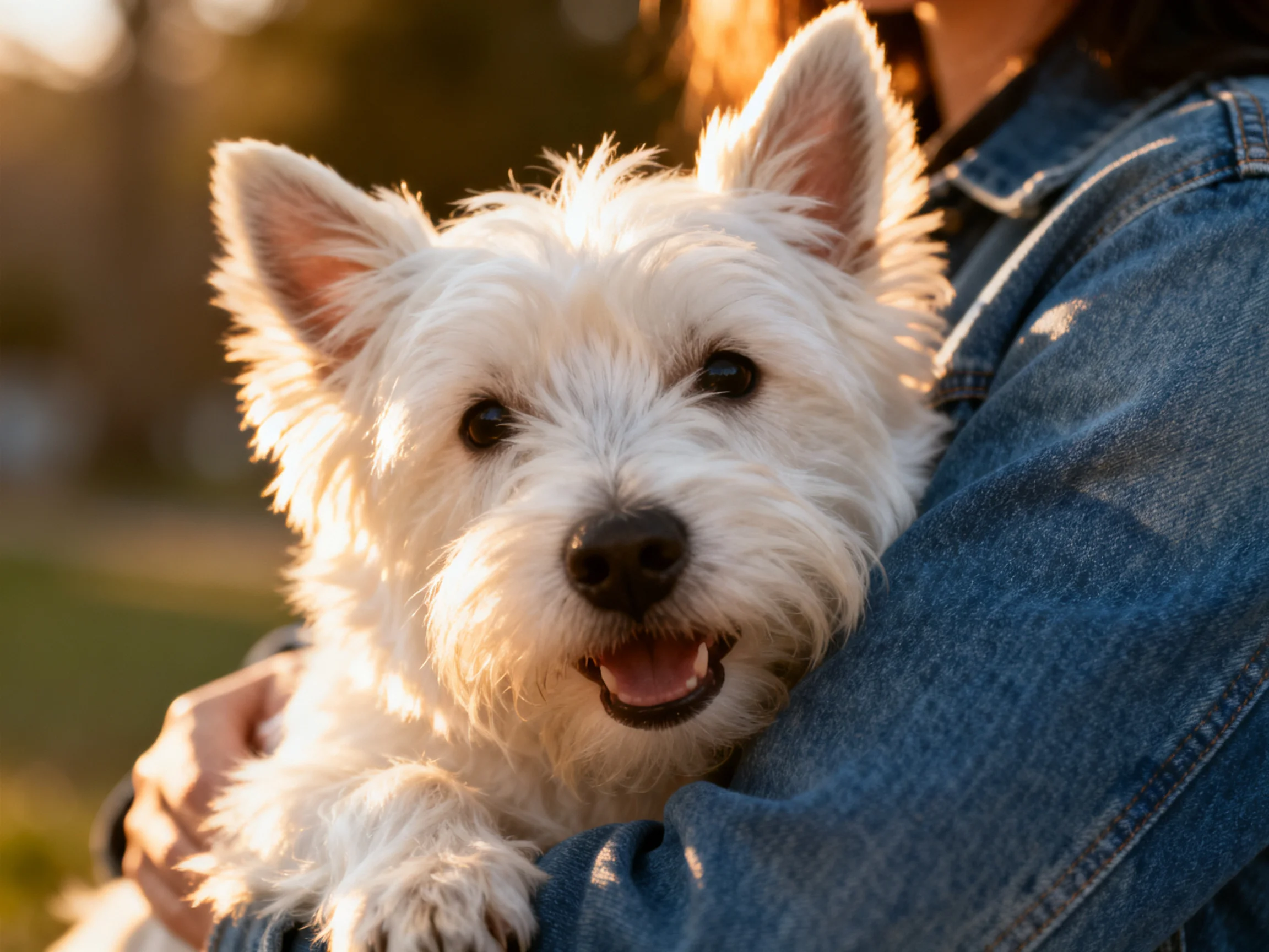 A small white terrier dog nestled in a denim jacket under warm sunlight