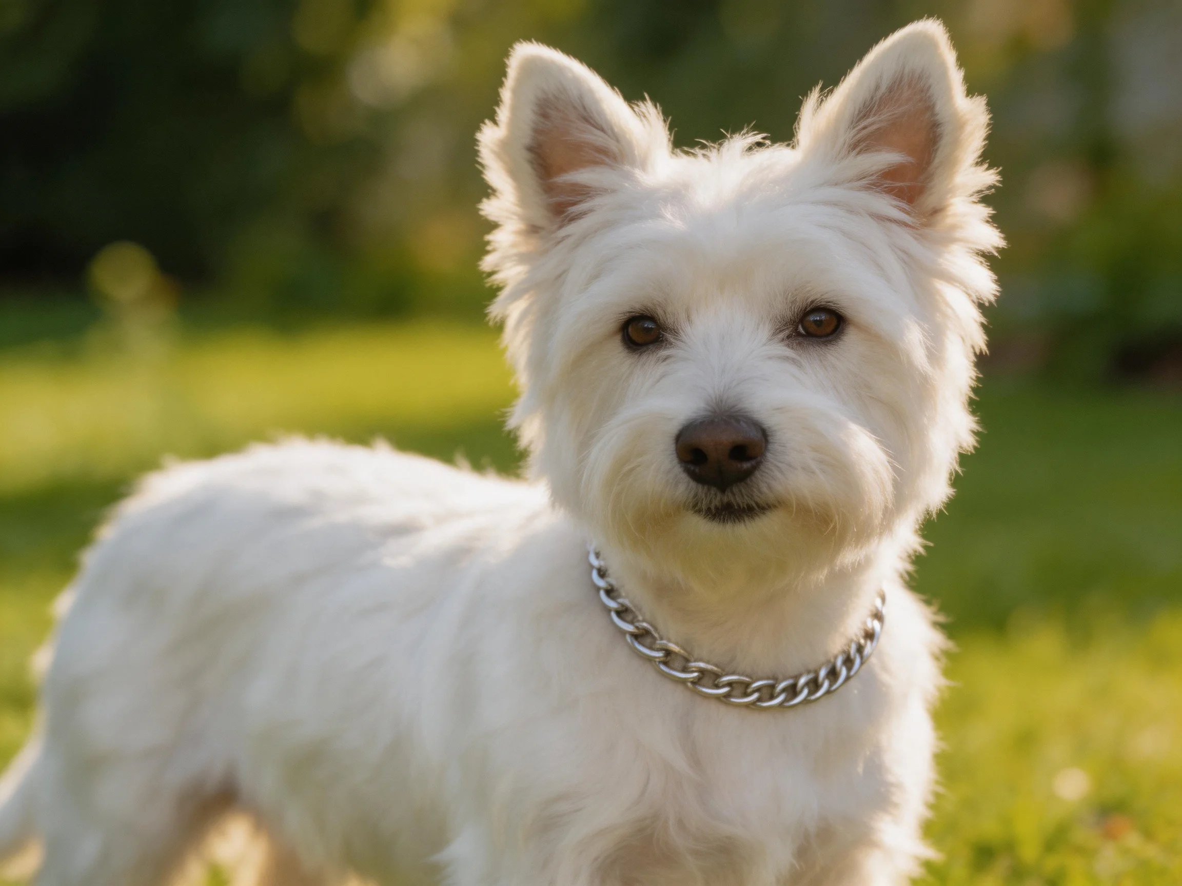 A small white terrier with a silver chain collar in a sunlit green yard