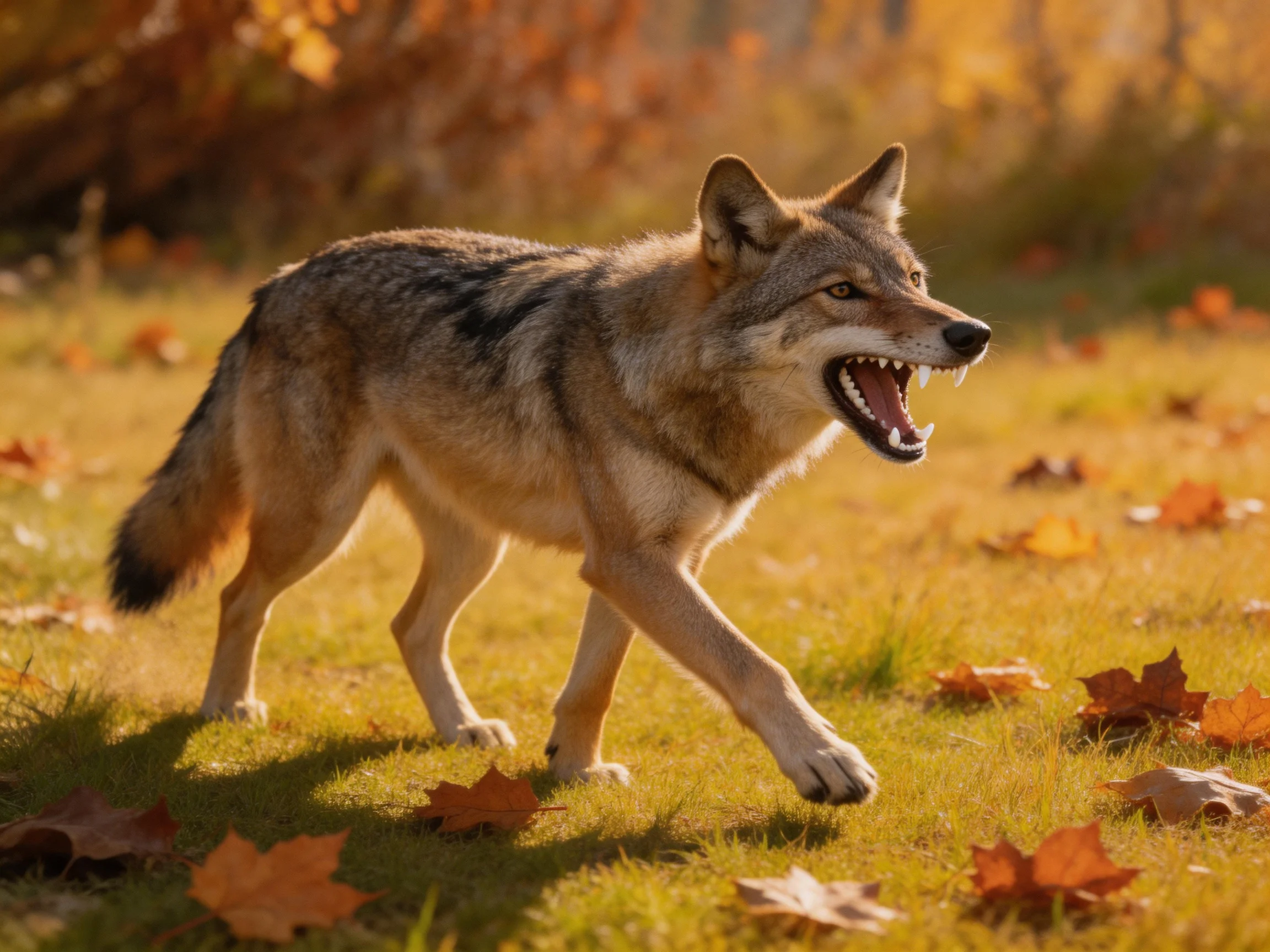 A snarling coyote roams an autumn field with scattered orange leaves