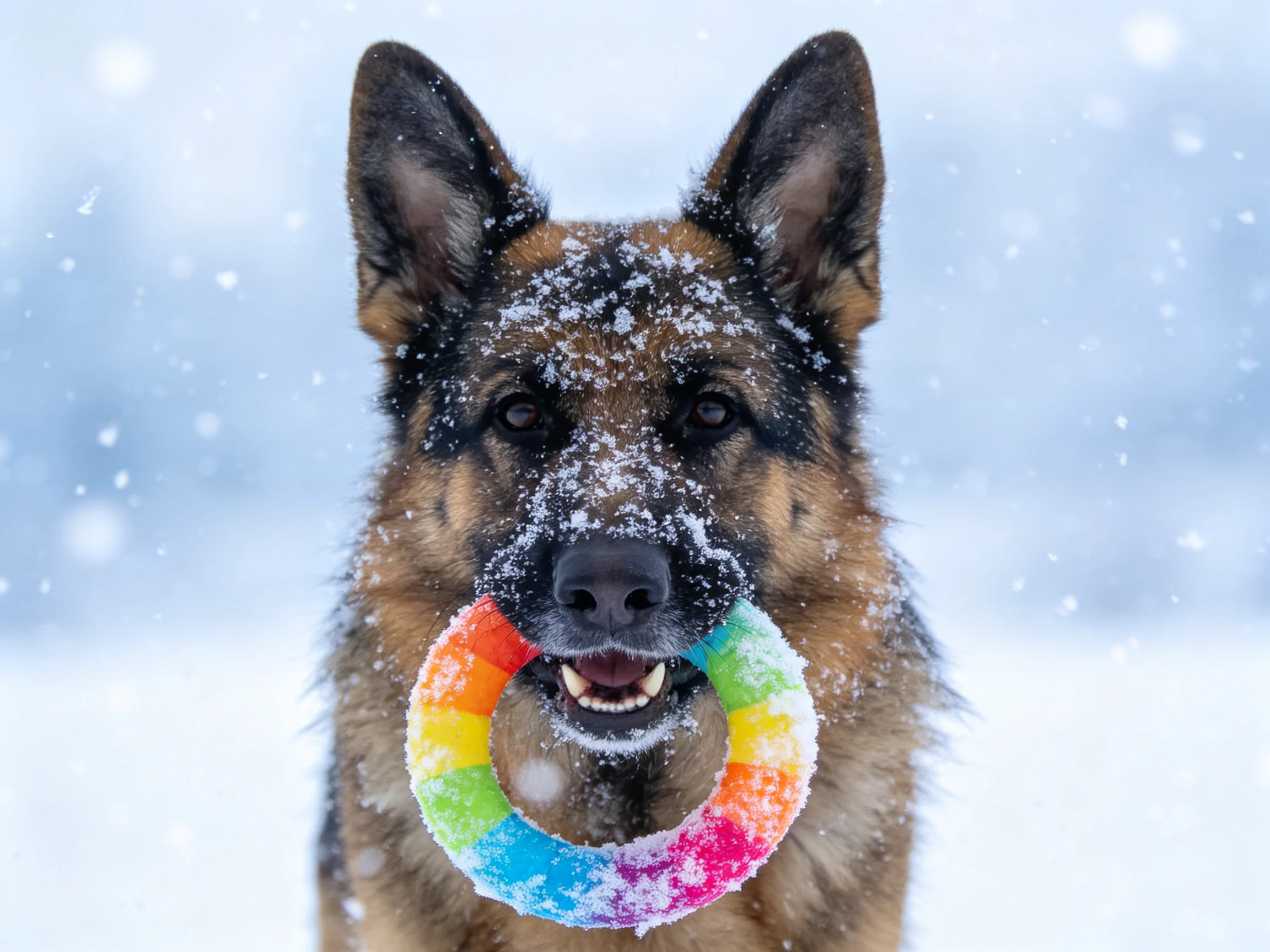 A snow-dusted German Shepherd carries a colorful rainbow toy
