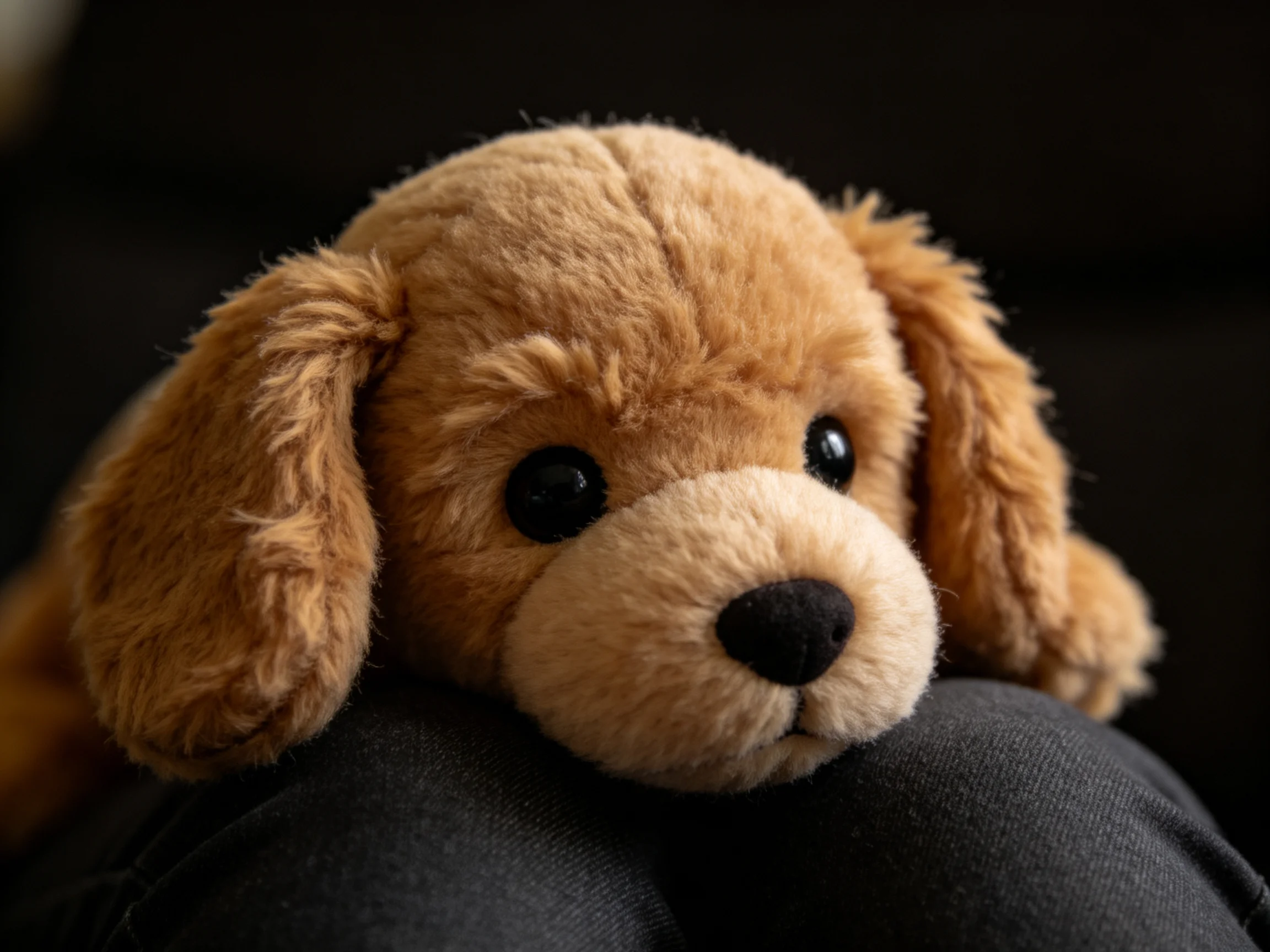 A soft brown plush puppy resting on dark fabric with focused lighting