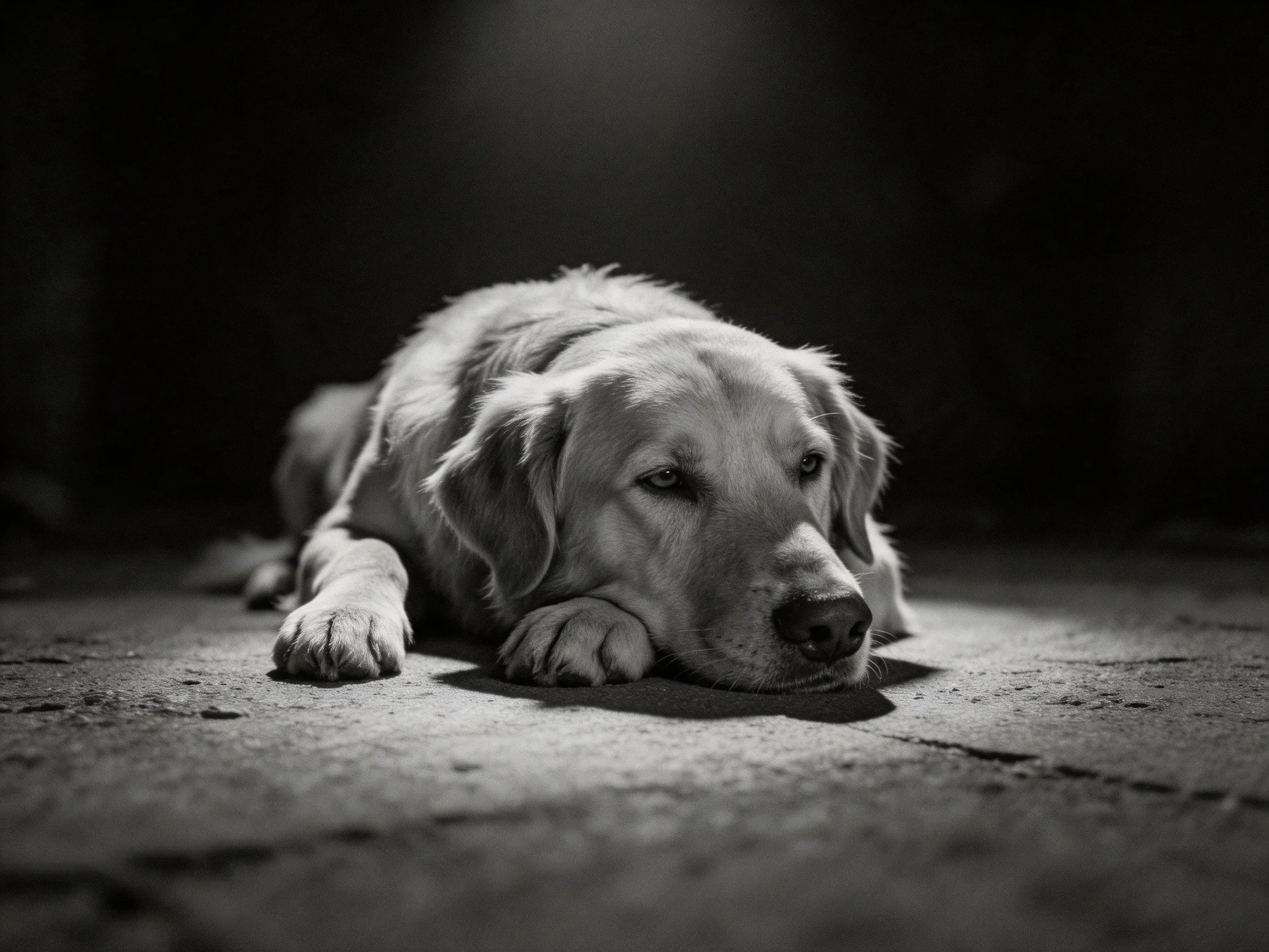 A golden retriever rests somberly on a concrete surface amid dramatic monochrome lighting.