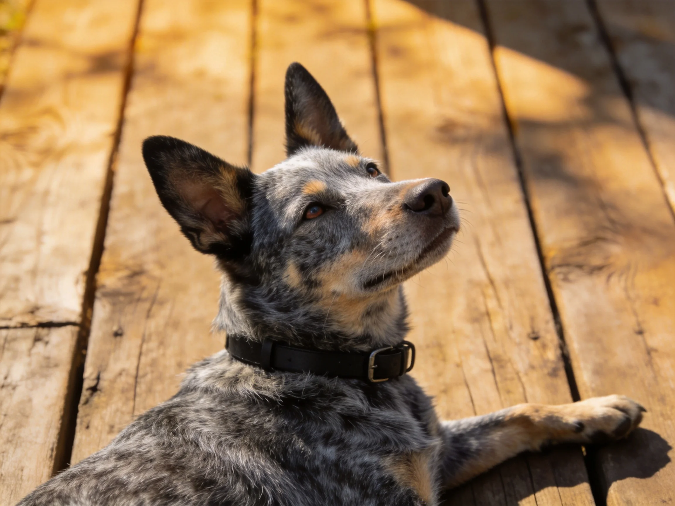 A dog relaxes on weathered wooden planks in sunlight.