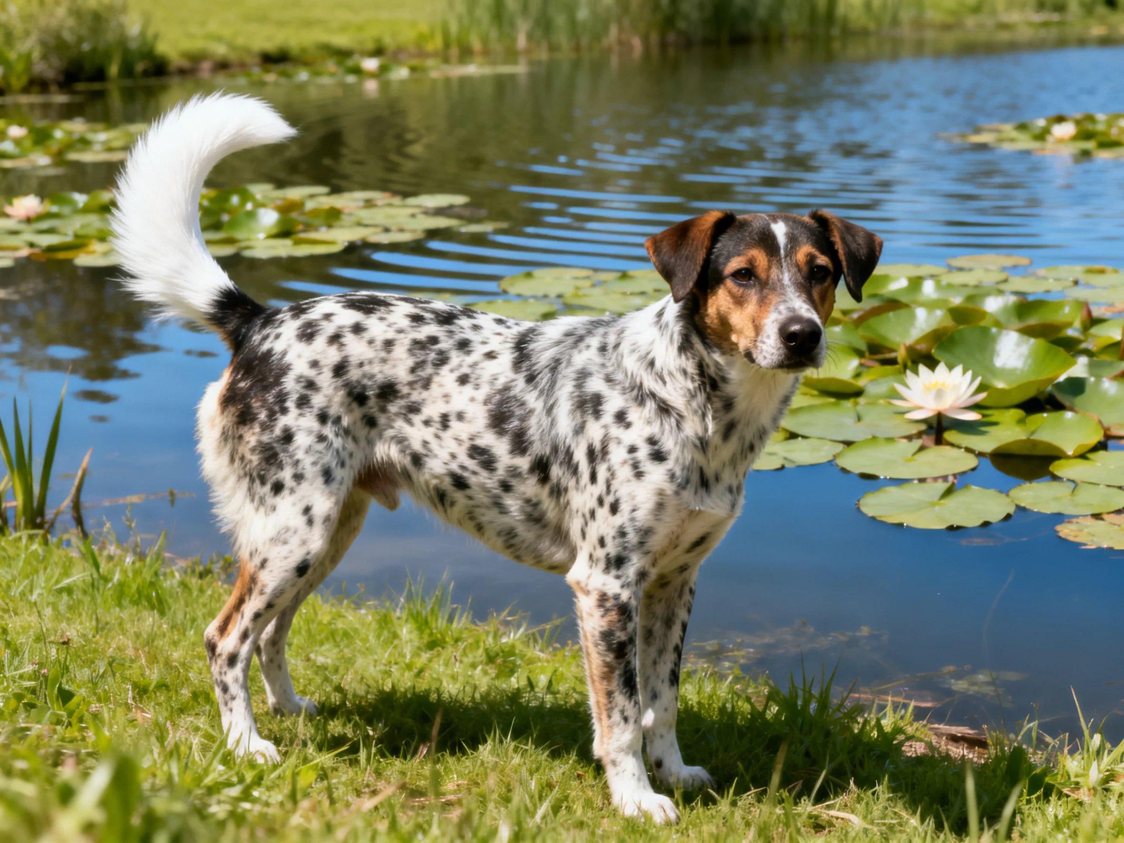 A speckled dog stands near a pond with water lilies in bright daylight.