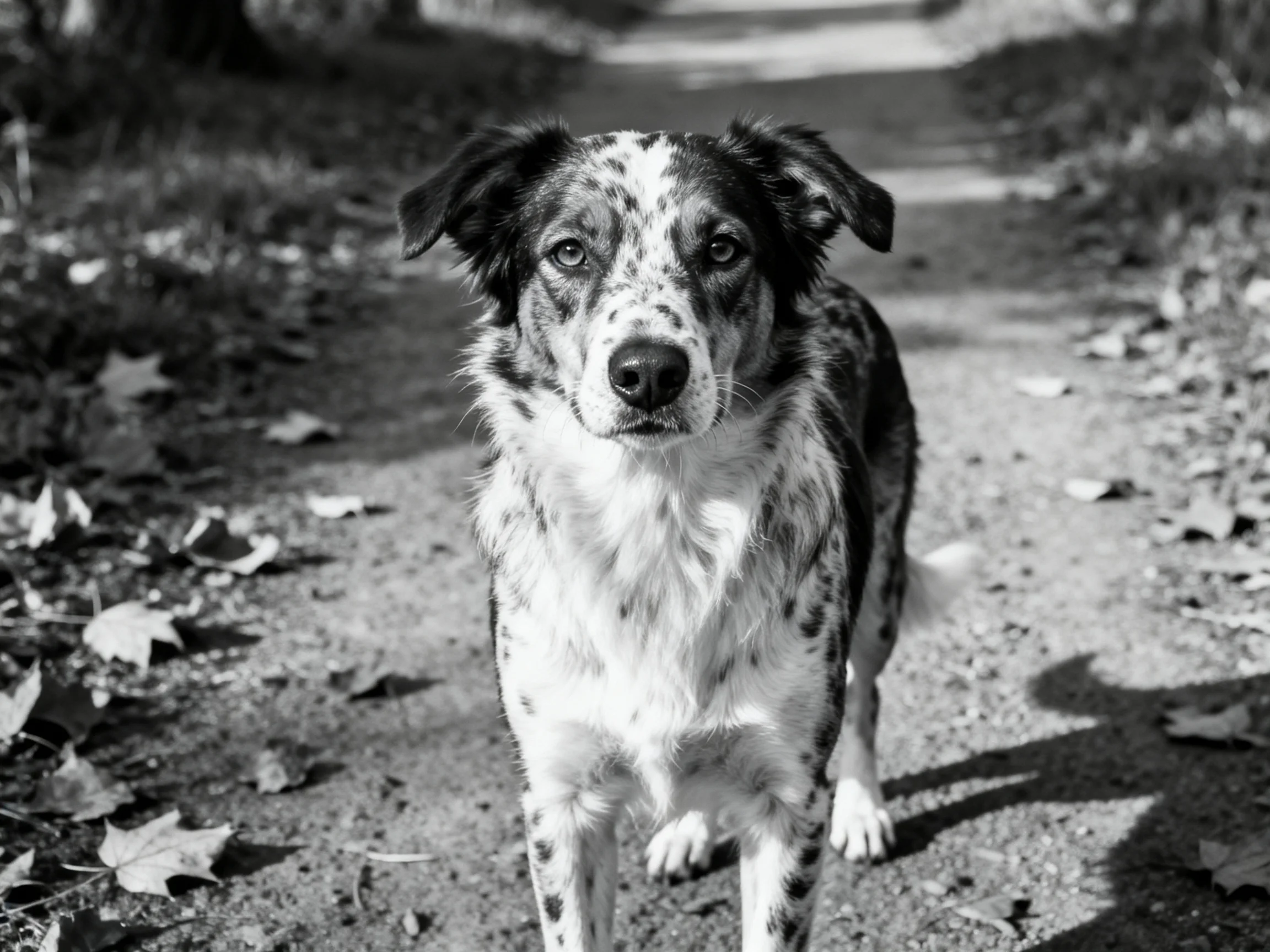 A speckled dog stands on a leaf-strewn dirt path in black and white