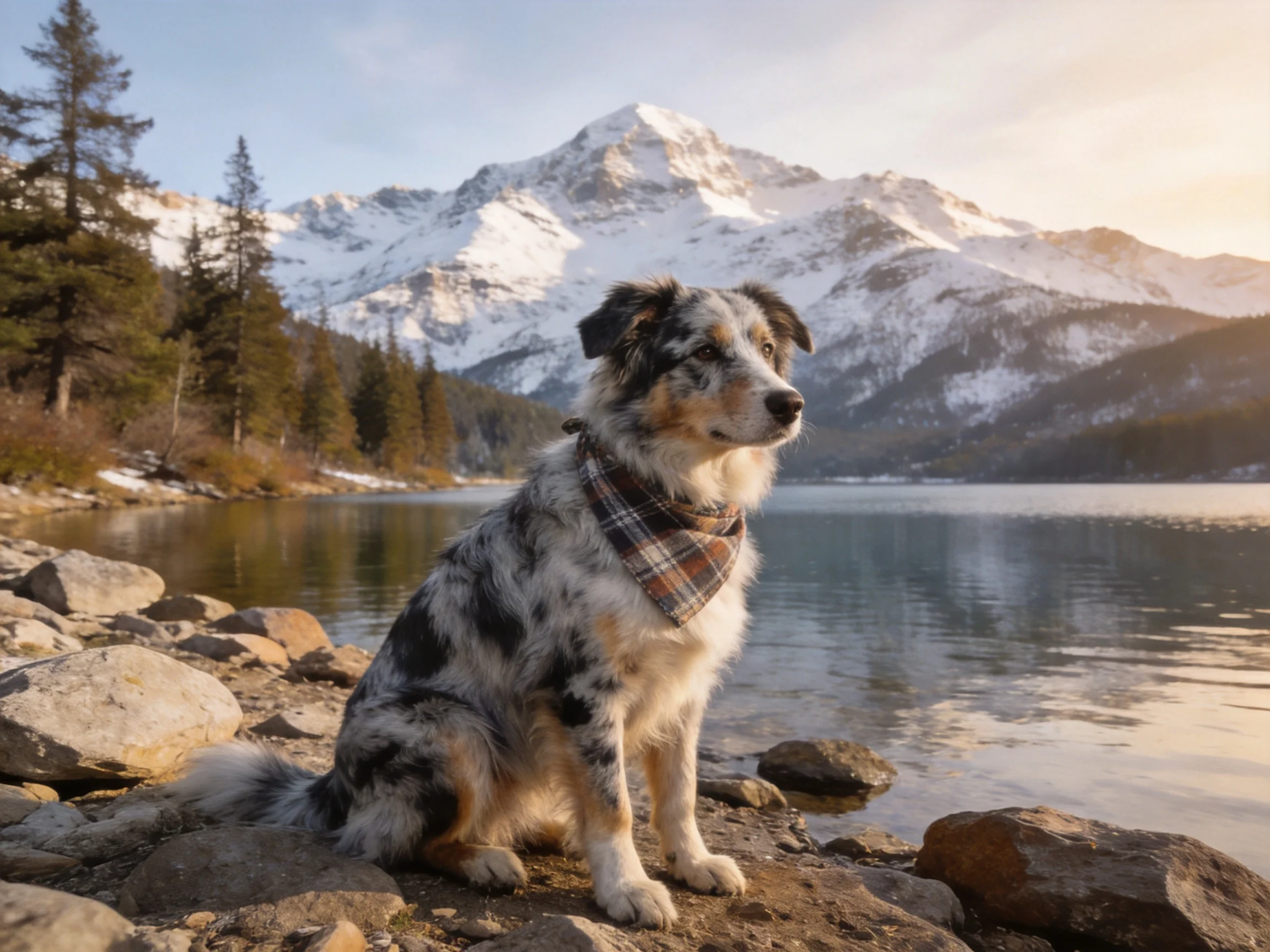 A speckled dog with a plaid scarf sits by a calm lake near snow-capped mountains