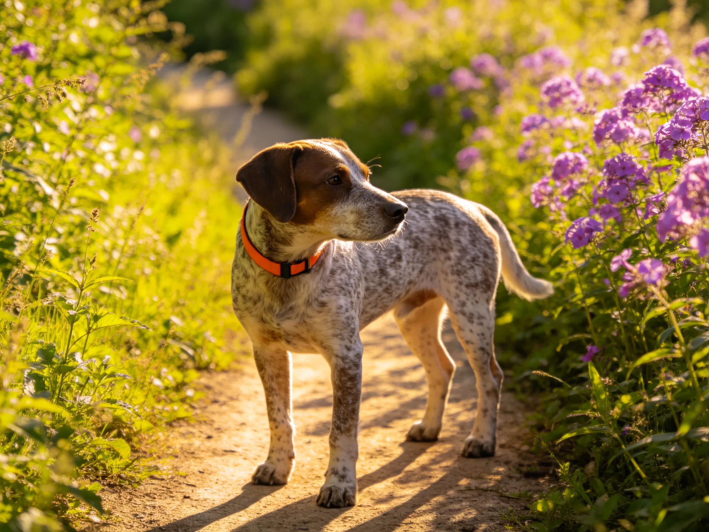 A speckled dog with an orange collar stands on a sunlit dirt path near vibrant purple flowers