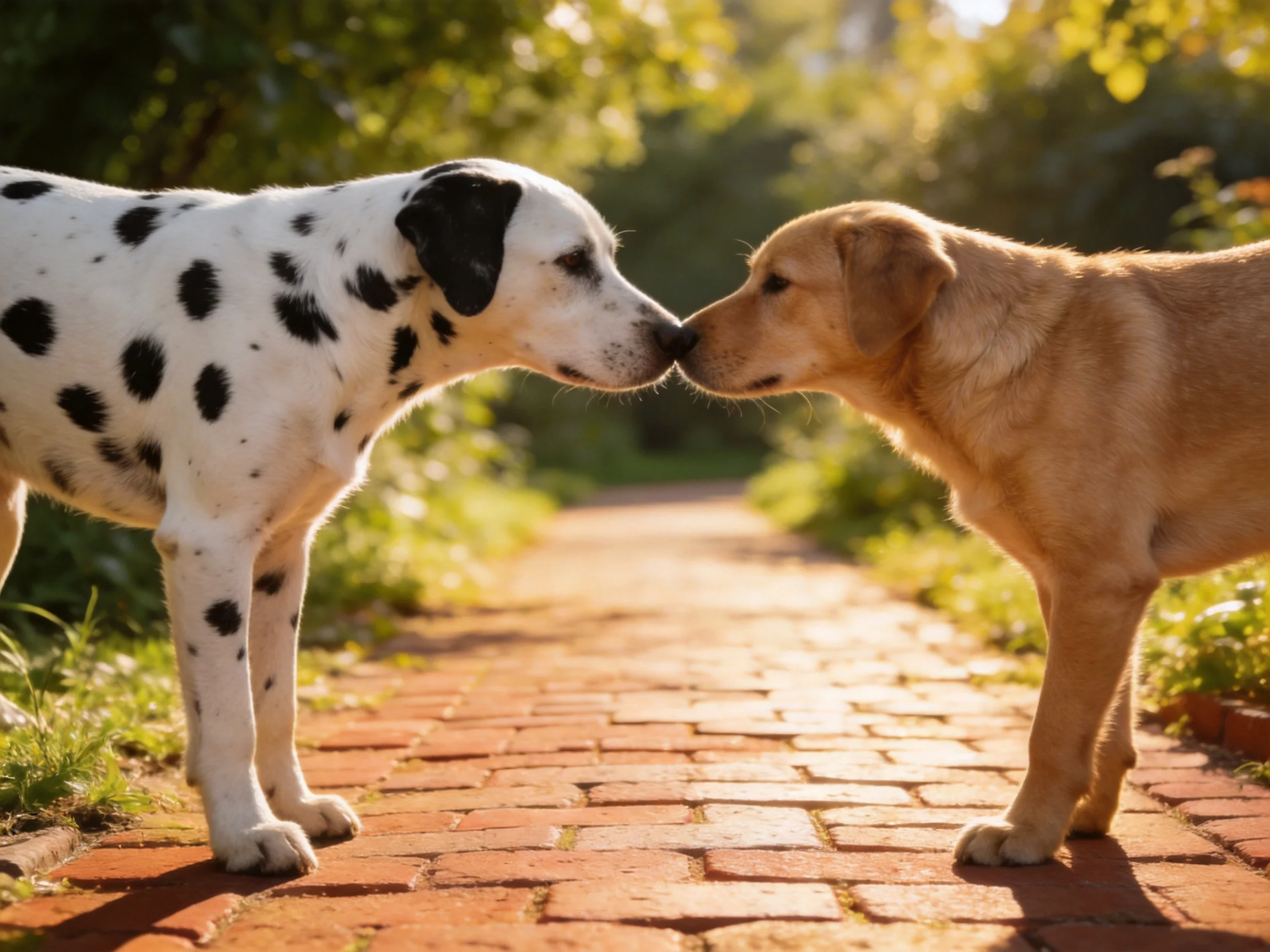 A spotted Dalmatian and golden puppy nuzzle on a brick pathway