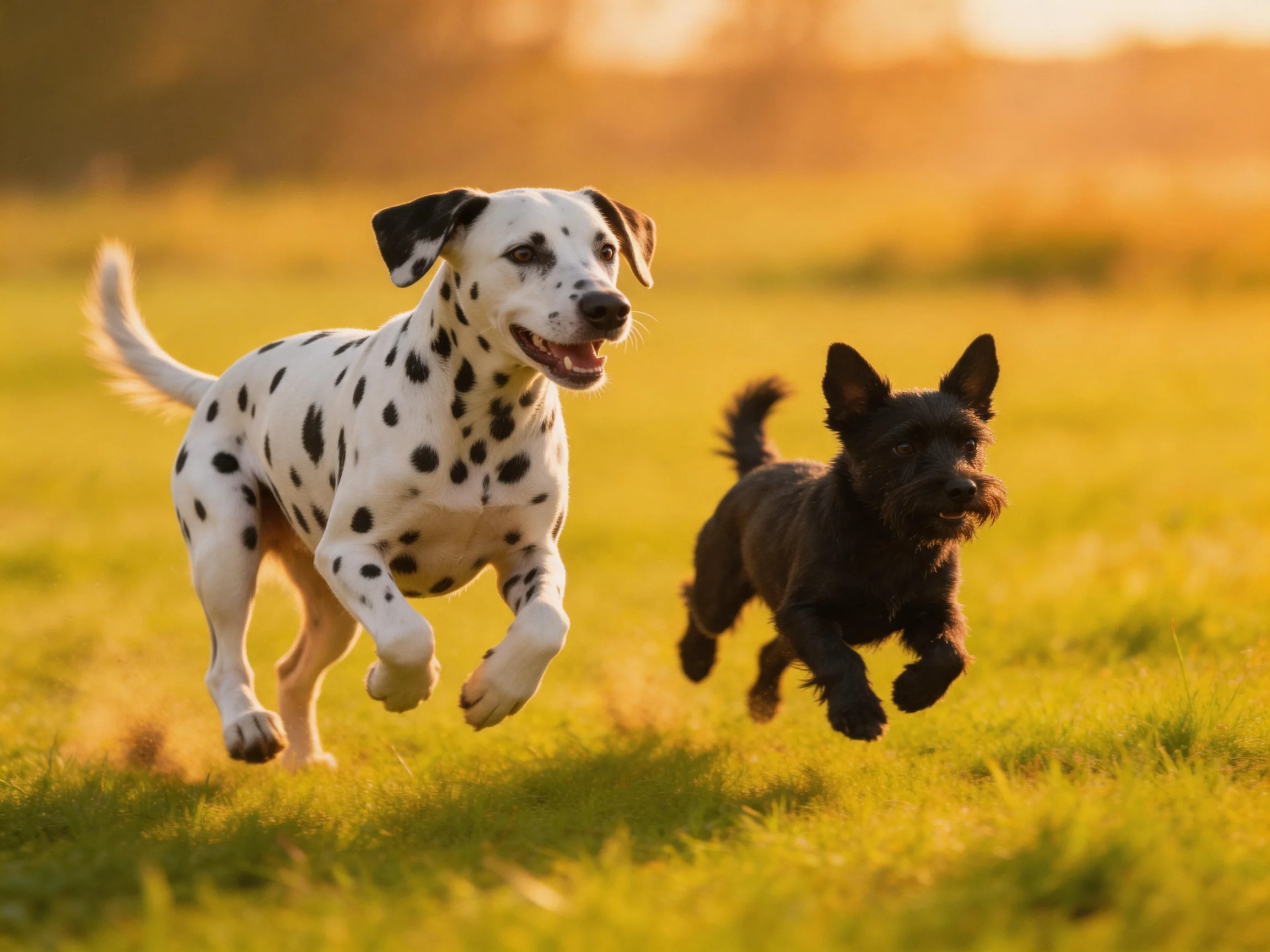 Two dogs—one spotted, one black—run together in a sunlit field.