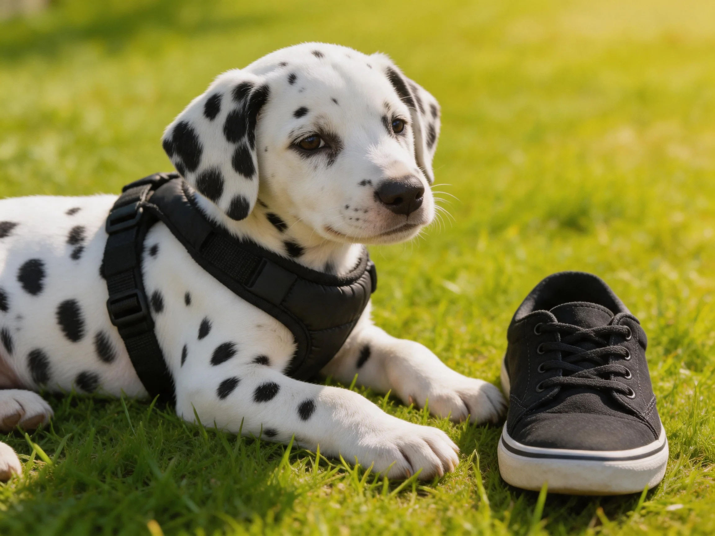 A Dalmatian puppy lies beside a black sneaker on grass.