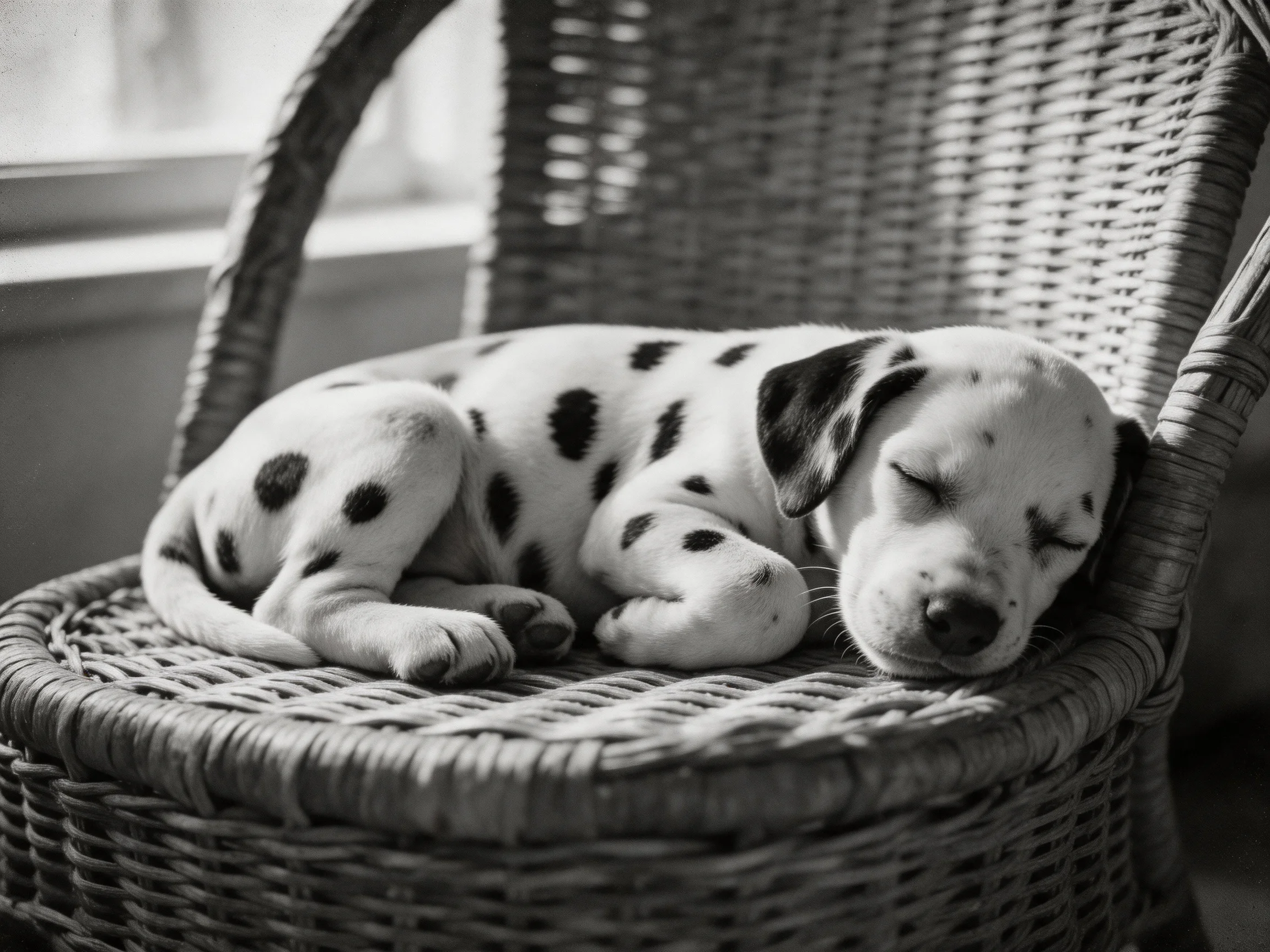 A Dalmatian puppy rests peacefully on a wicker chair