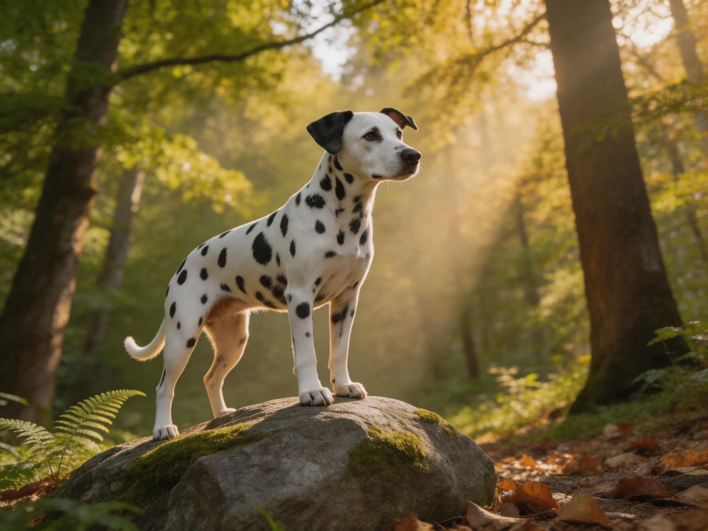 A spotted Dalmatian stands atop a moss-covered rock in a sunlit forest