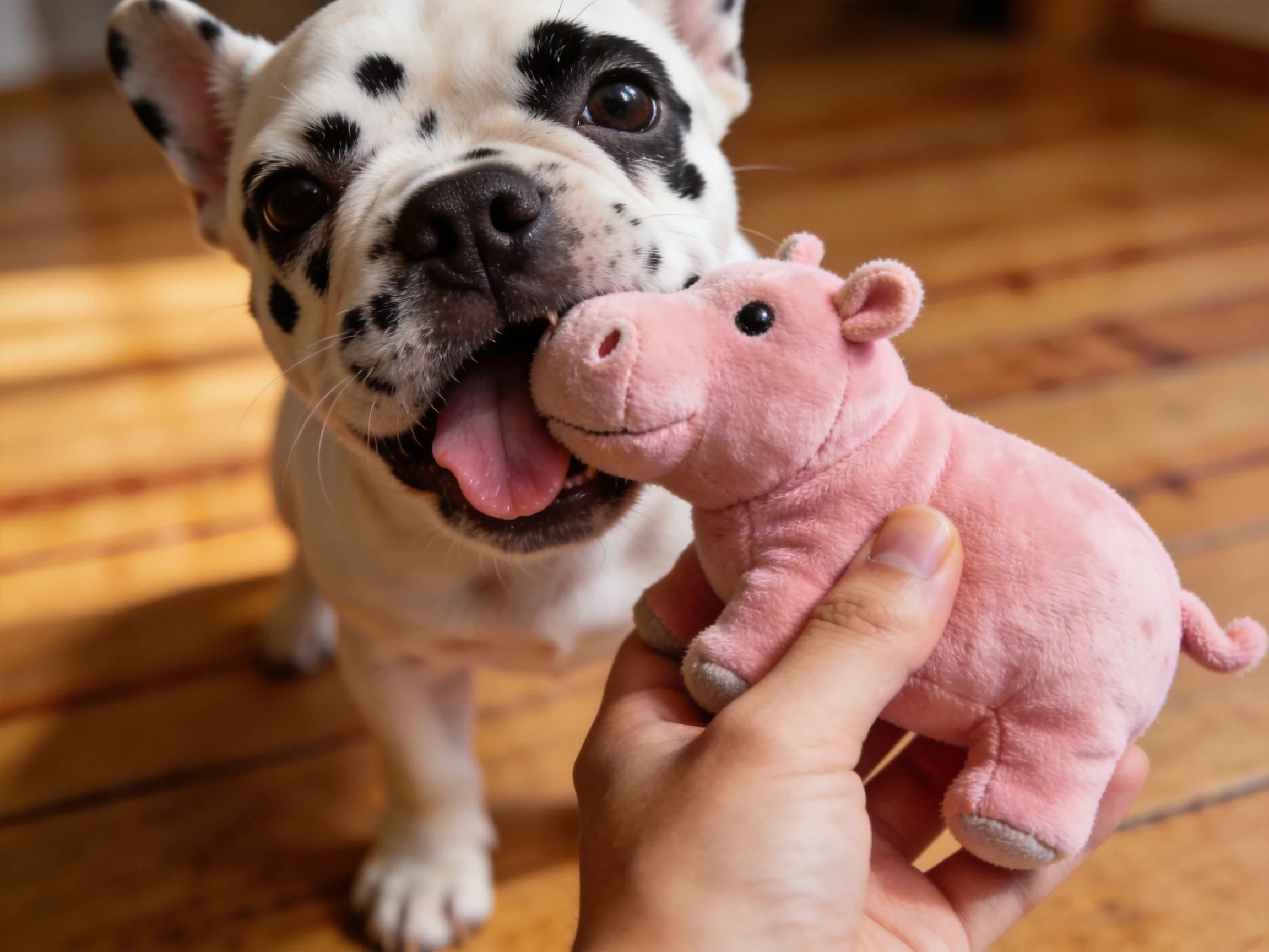 A spotted French Bulldog plays with a pink stuffed hippo on wooden floors