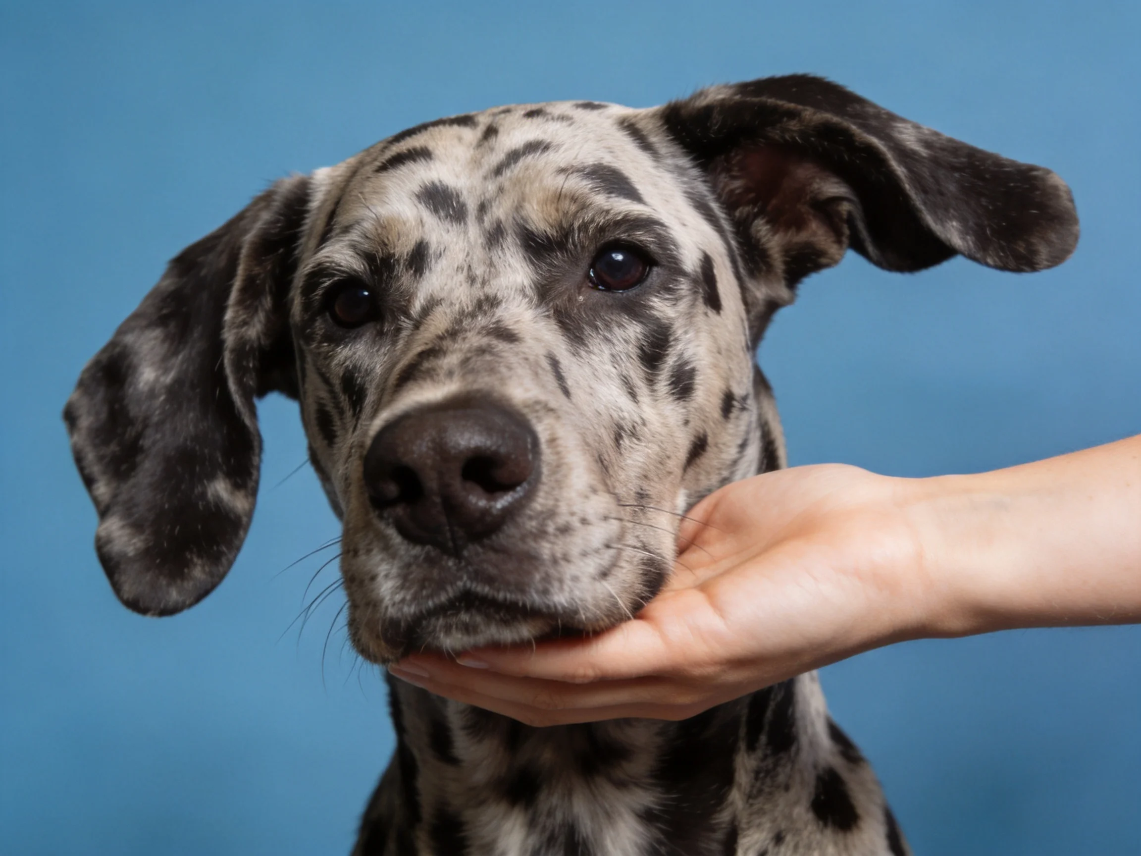 A spotted Great Dane has its face gently supported by a human hand against a blue backdrop.