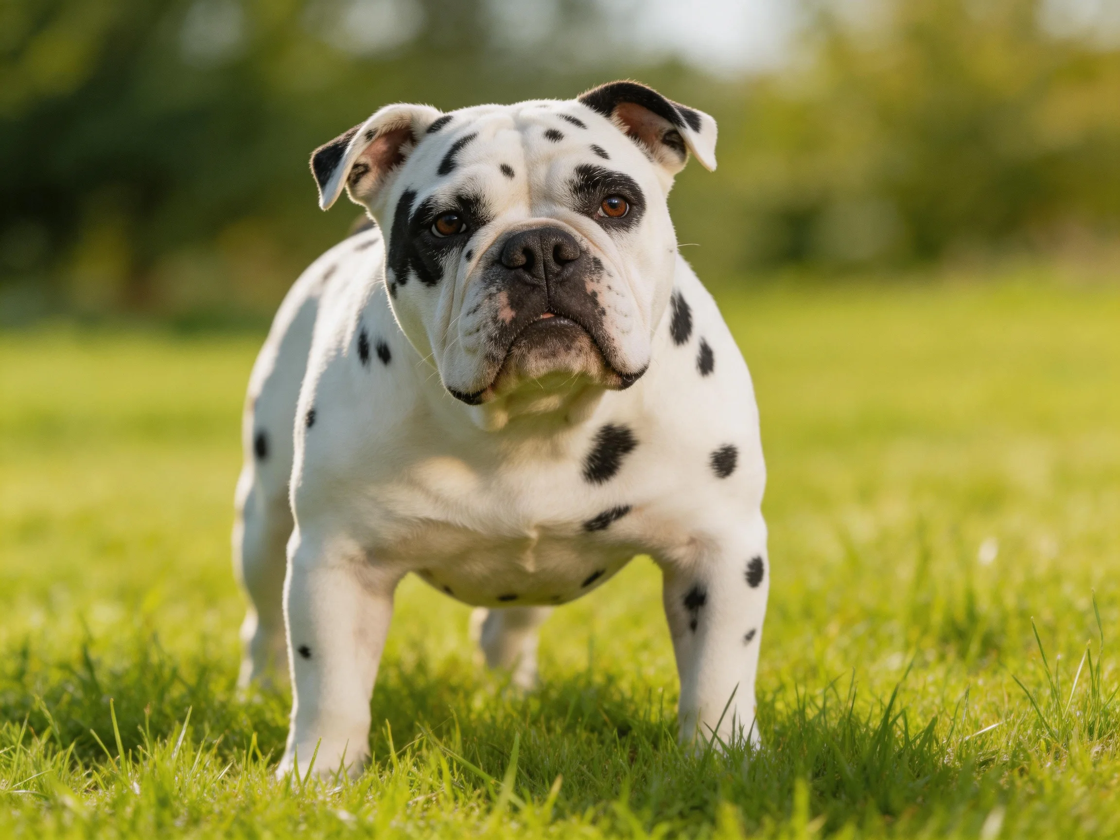 A spotted bulldog stands on a sunlit green lawn.
