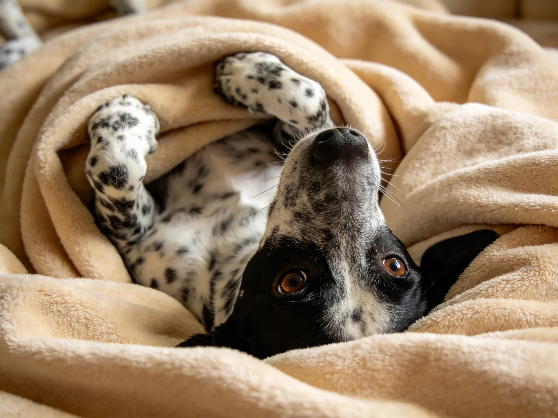 A spotted dog curled in a soft beige blanket