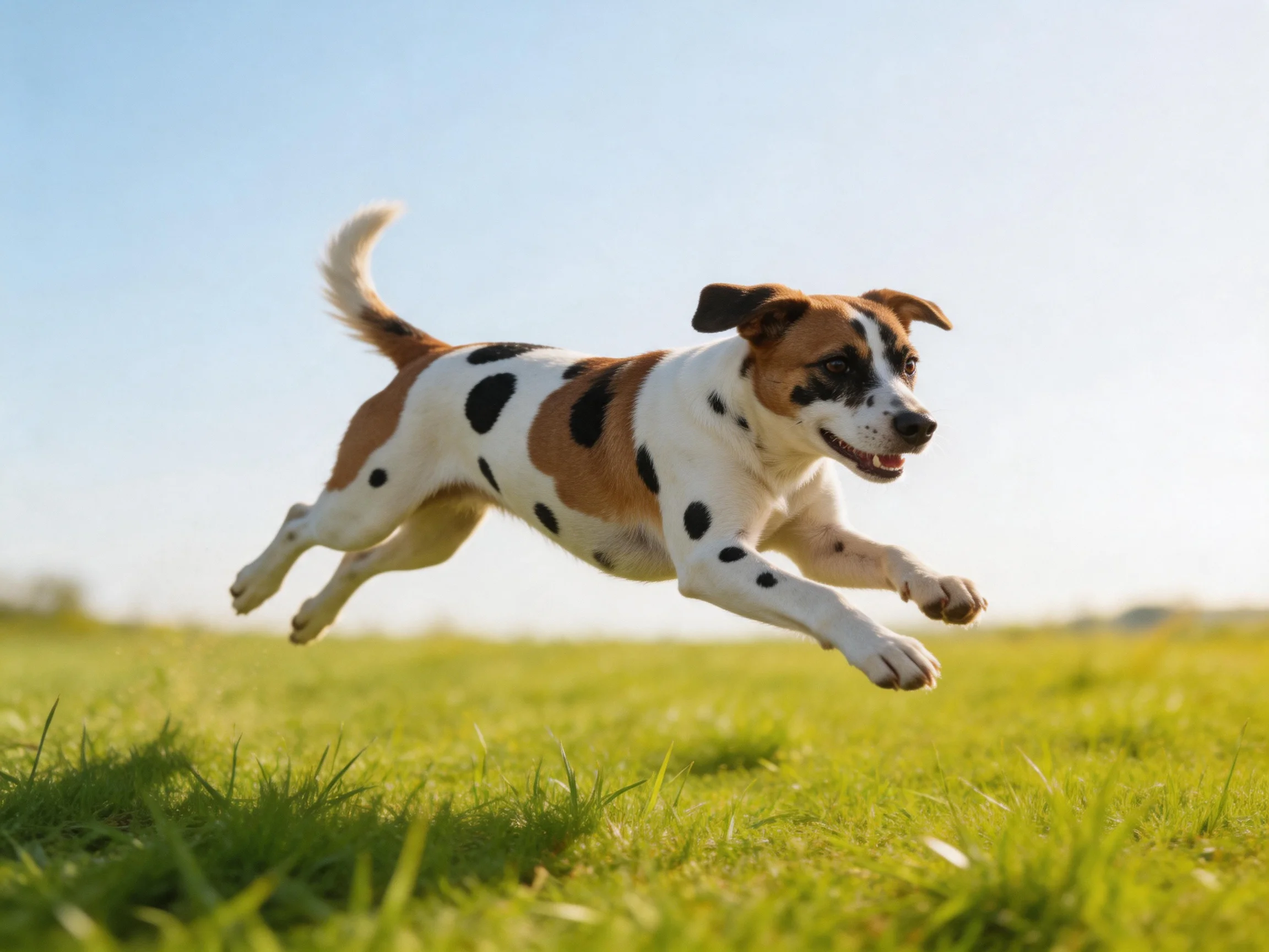 A spotted dog leaps joyfully over a sunlit green field