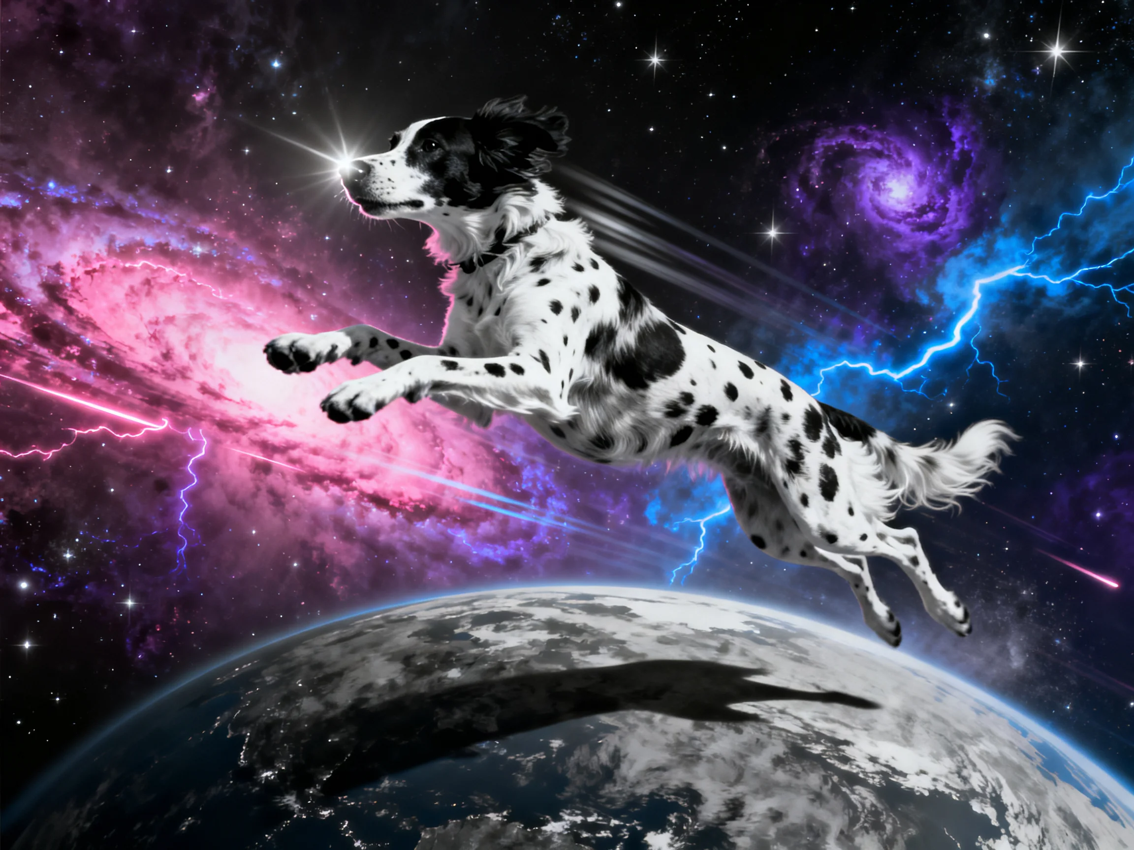 A spotted dog leaps over Earth amid vibrant cosmic galaxies and lightning