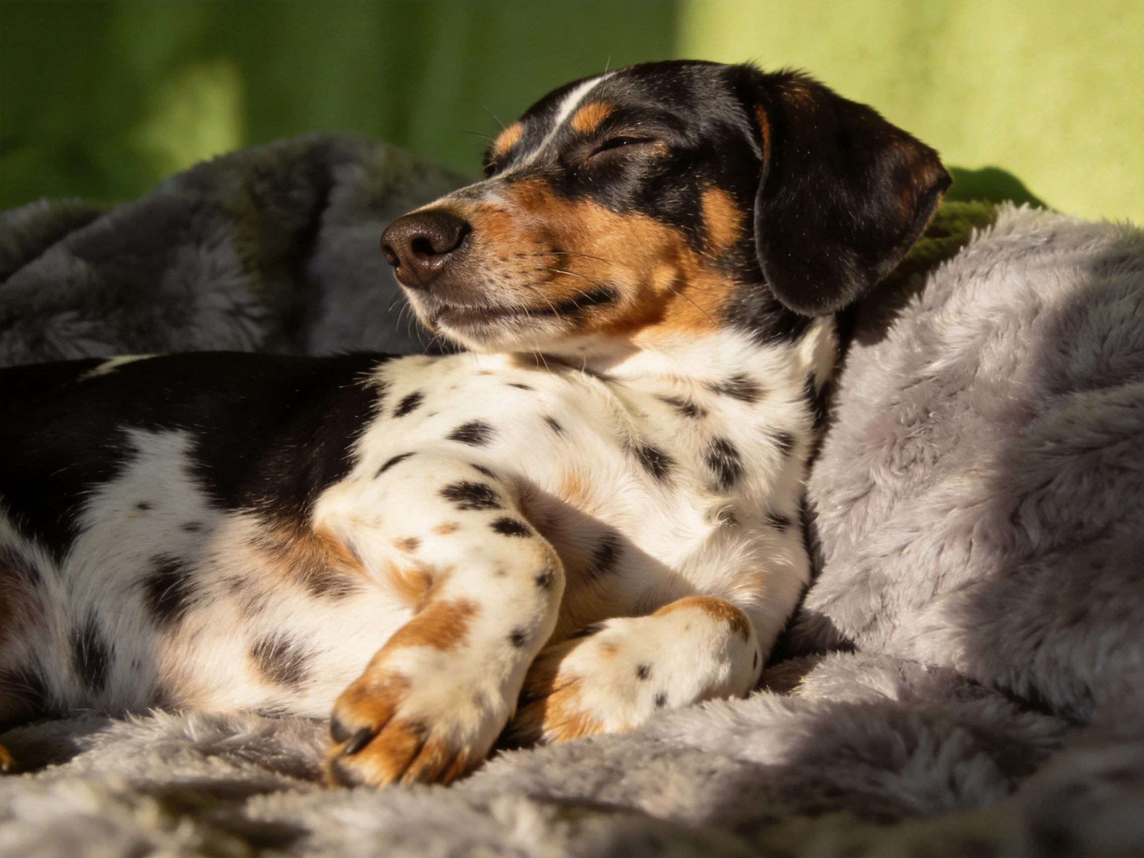 A spotted dog relaxes on soft gray blankets in warm sunlight