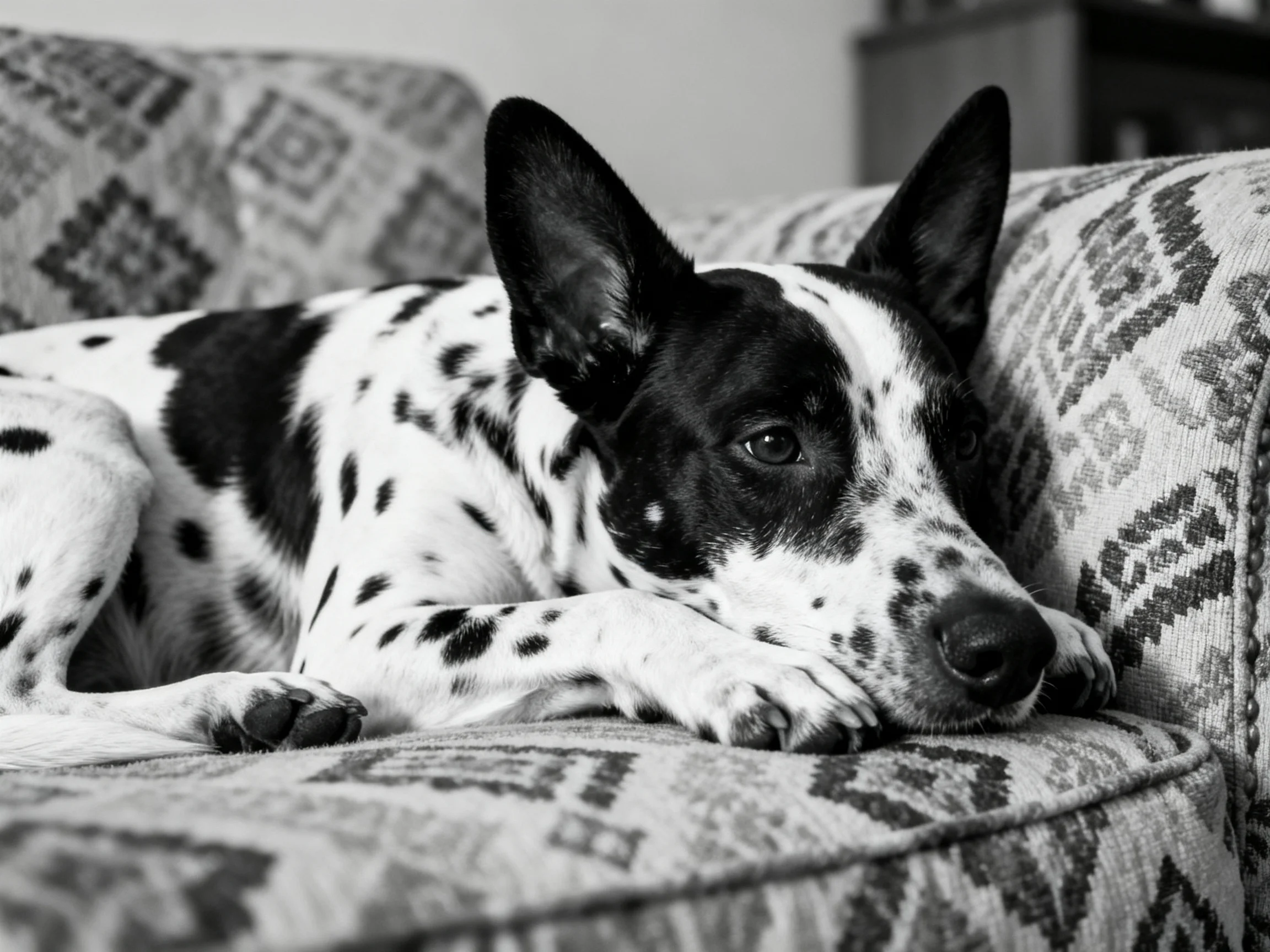 A spotted dog rests on a patterned couch in black and white