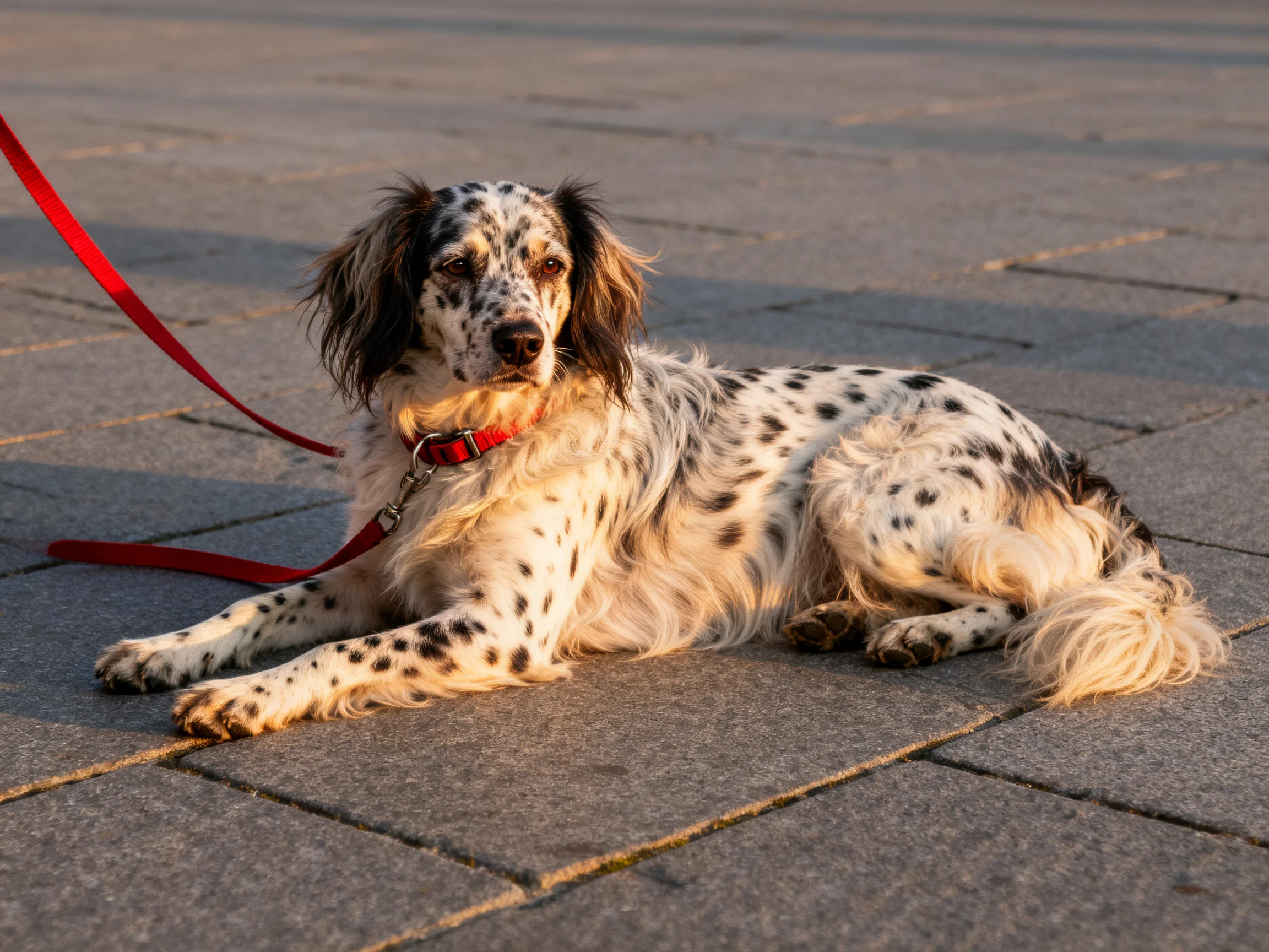 A spotted dog rests on a stone pavement with a red leash