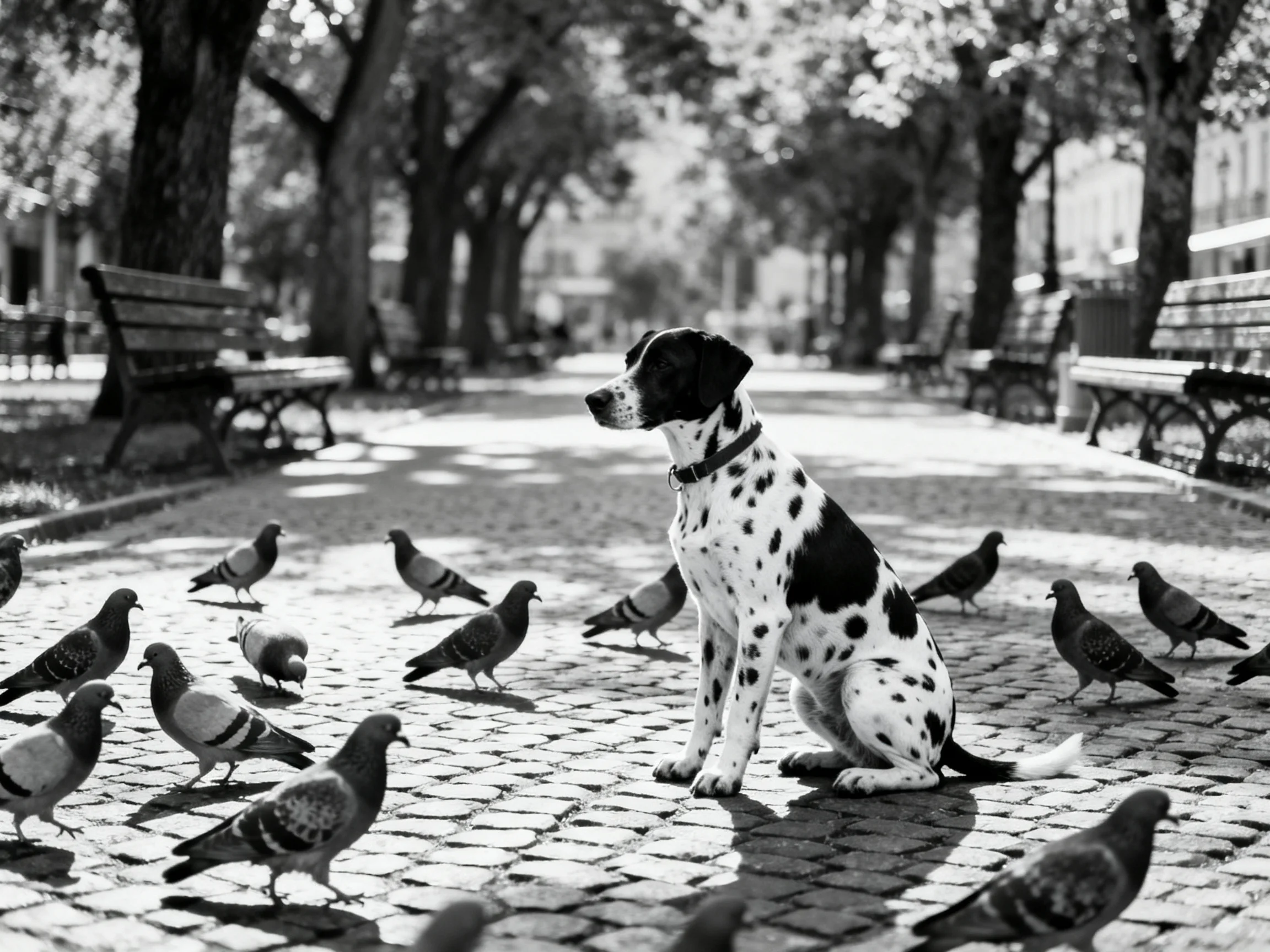 A dog sits calmly with pigeons in a shaded park