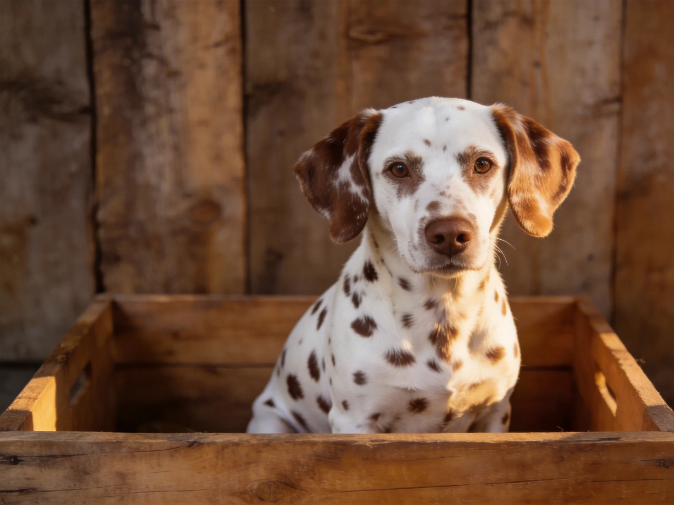 A spotted dog sits inside a wooden crate with an aged wooden wall backdrop.