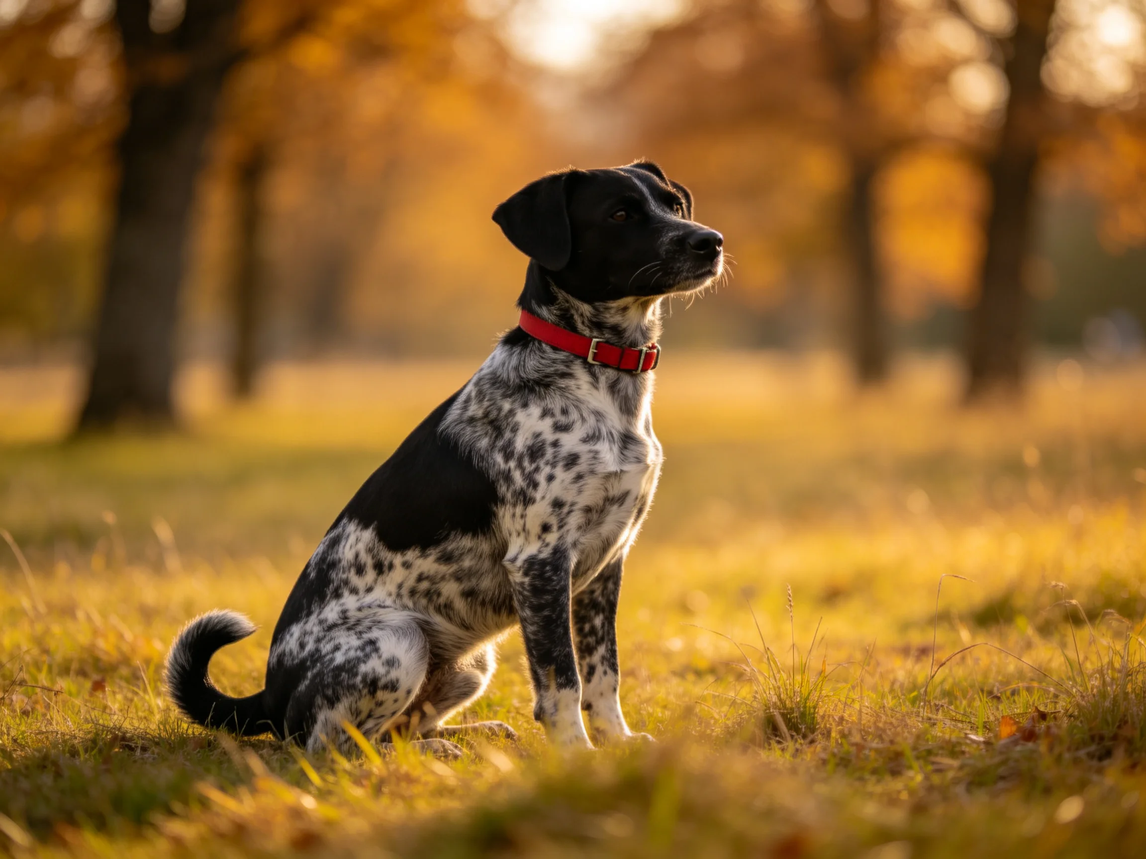 A spotted dog with a red collar sits calmly in a sunlit park.