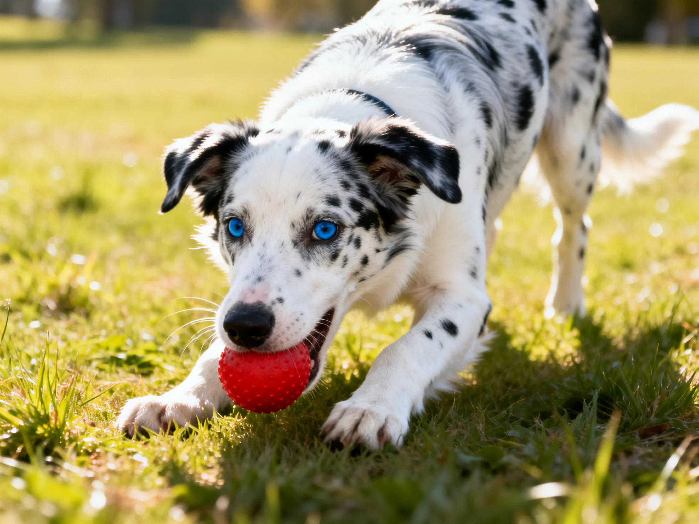 A spotted dog with blue eyes holds a bright red ball on sunlit grass