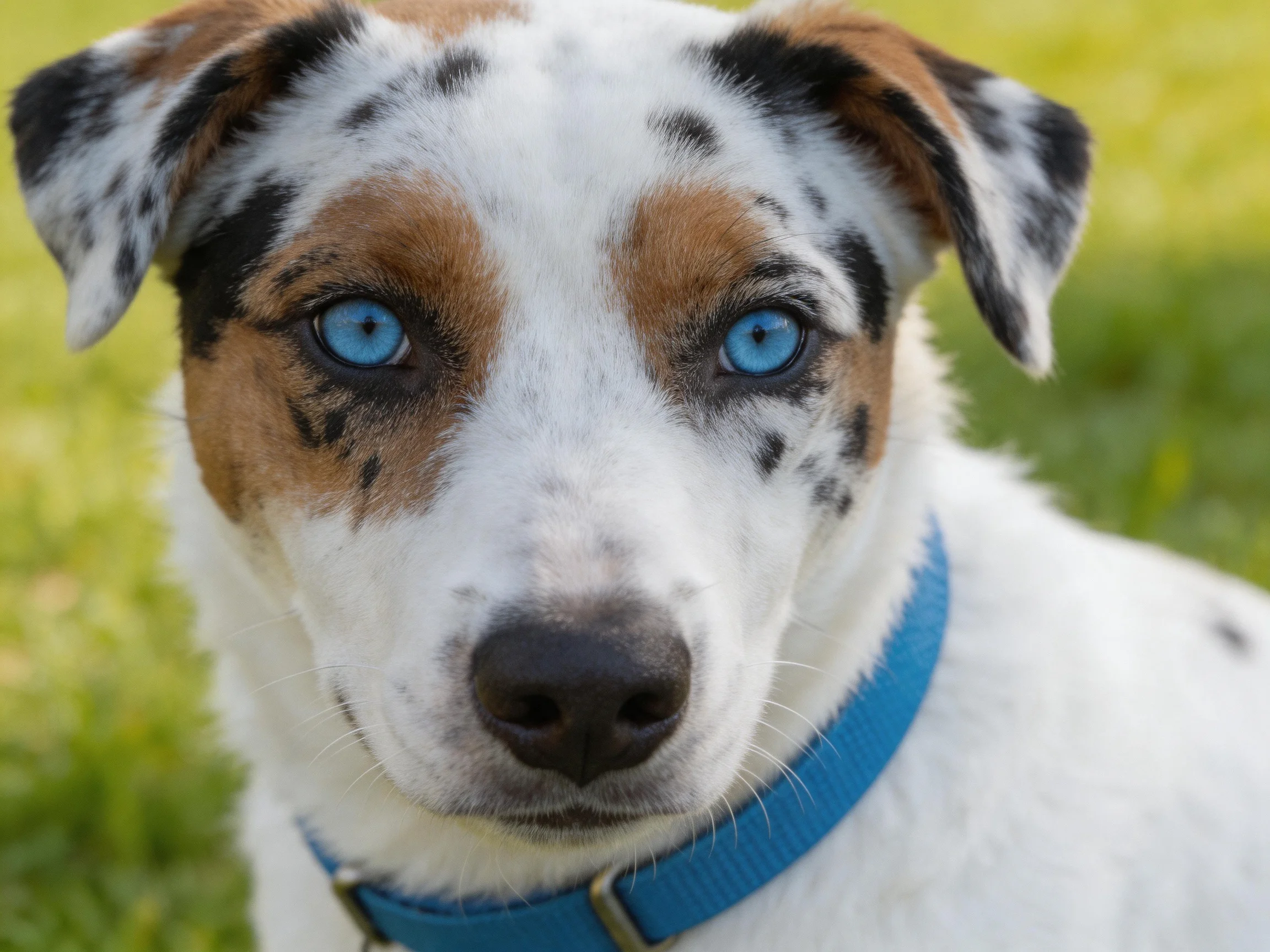 A spotted dog with blue eyes stands on green grass outdoors.