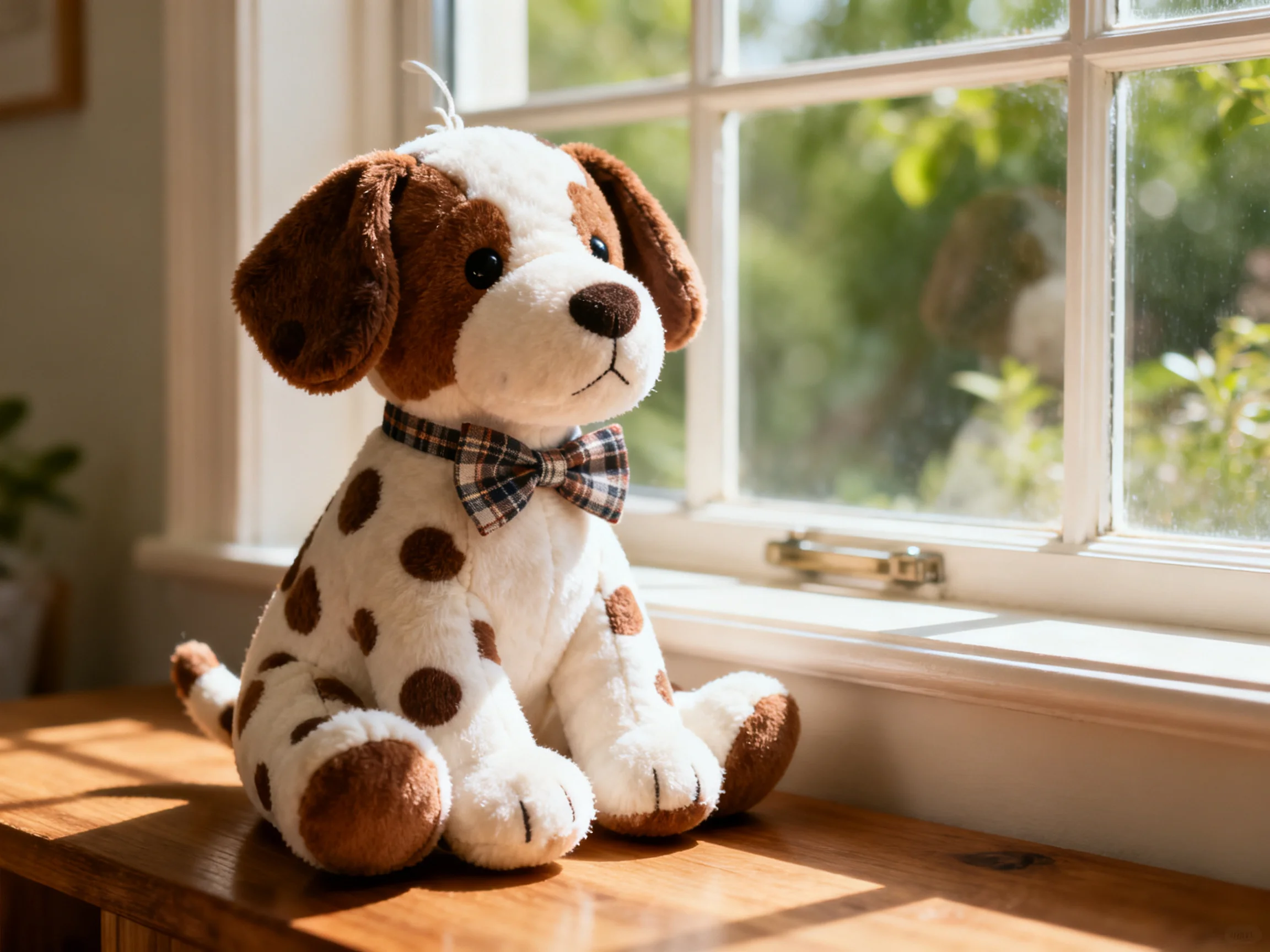A spotted plush dog toy with a plaid bow tie sits by a bright window