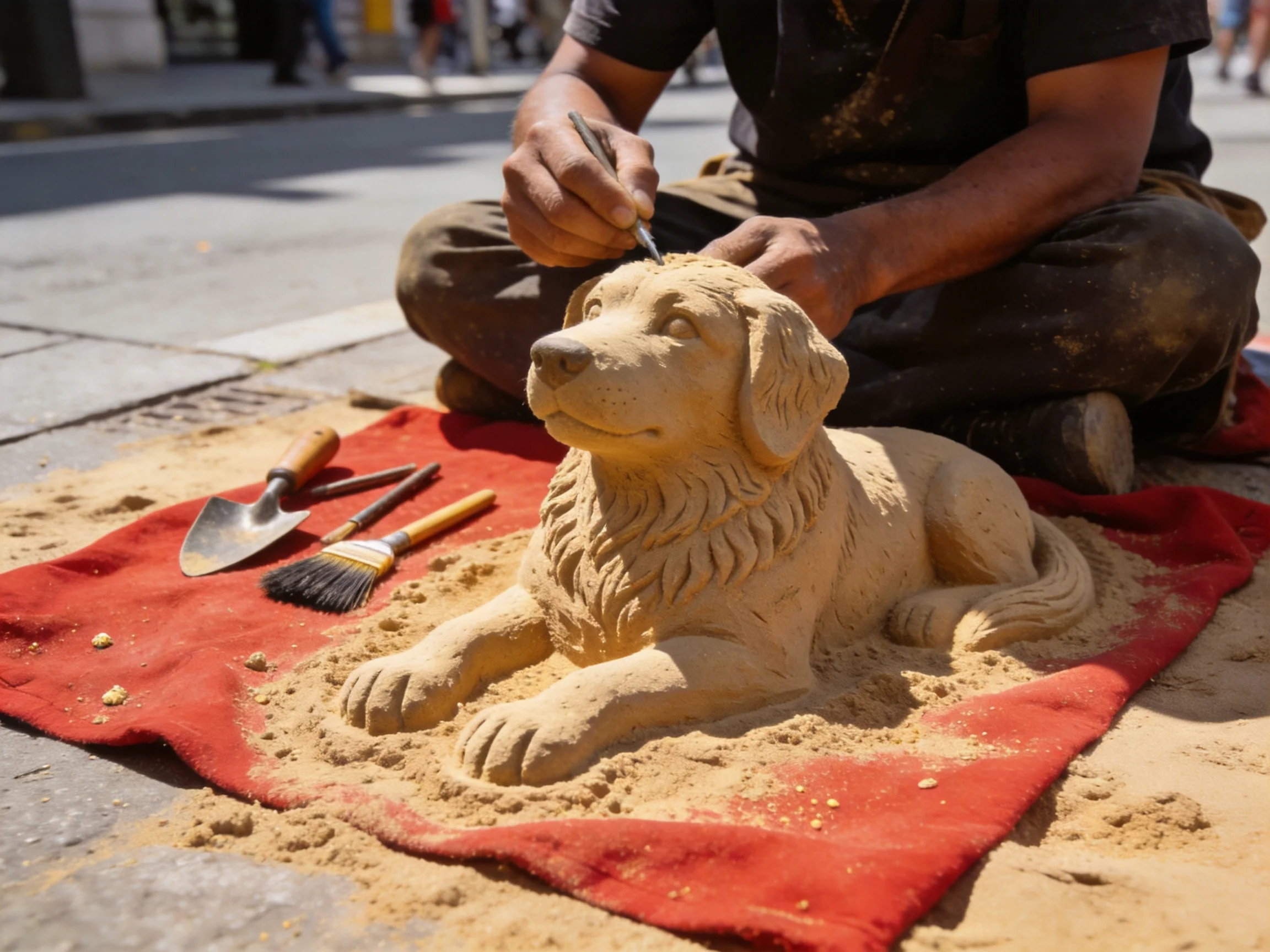 A street artist works on a detailed sand dog sculpture placed on a red mat outdoors.