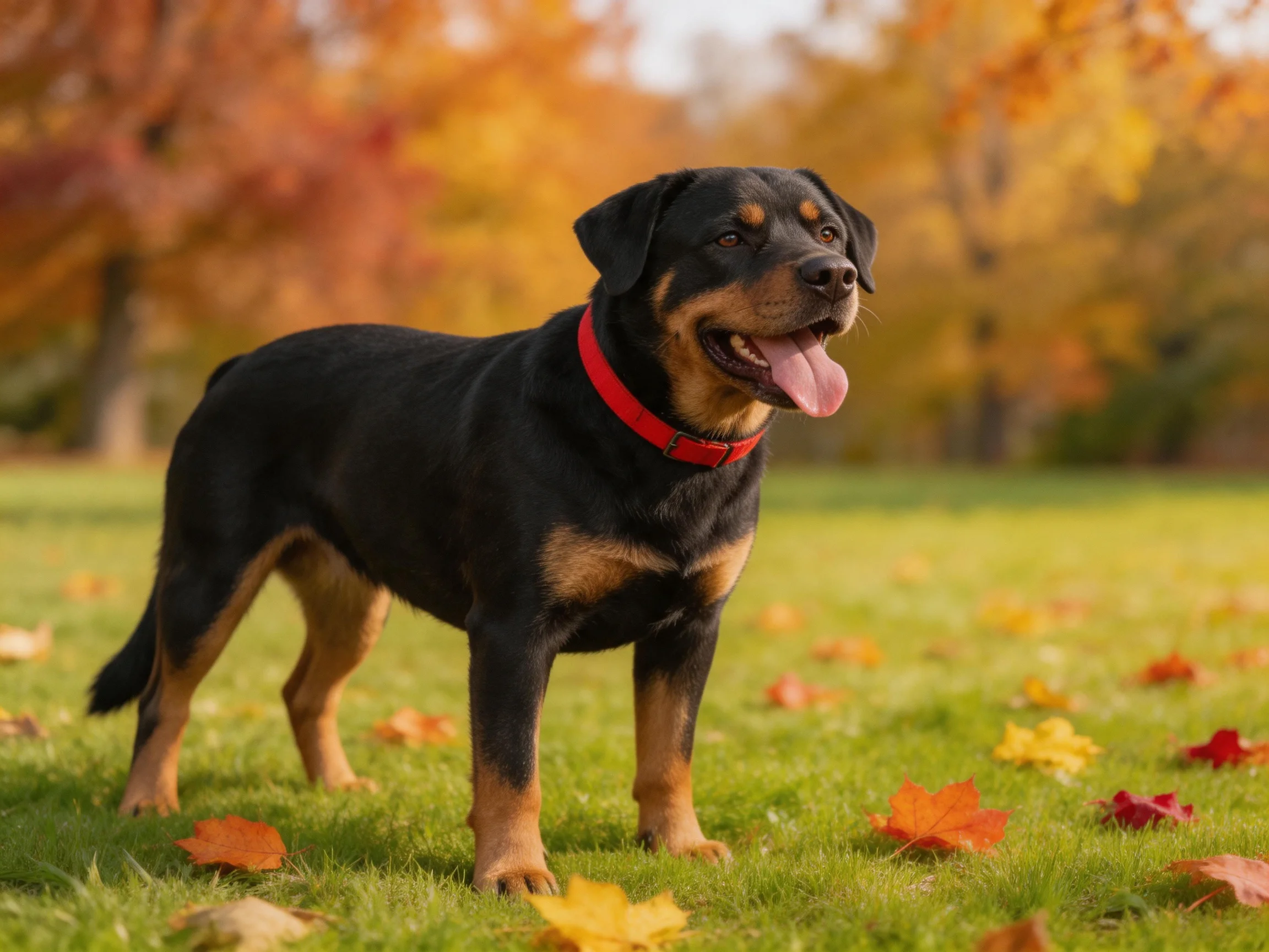 A large black and tan dog with a red collar stands on a grassy field with autumn leaves