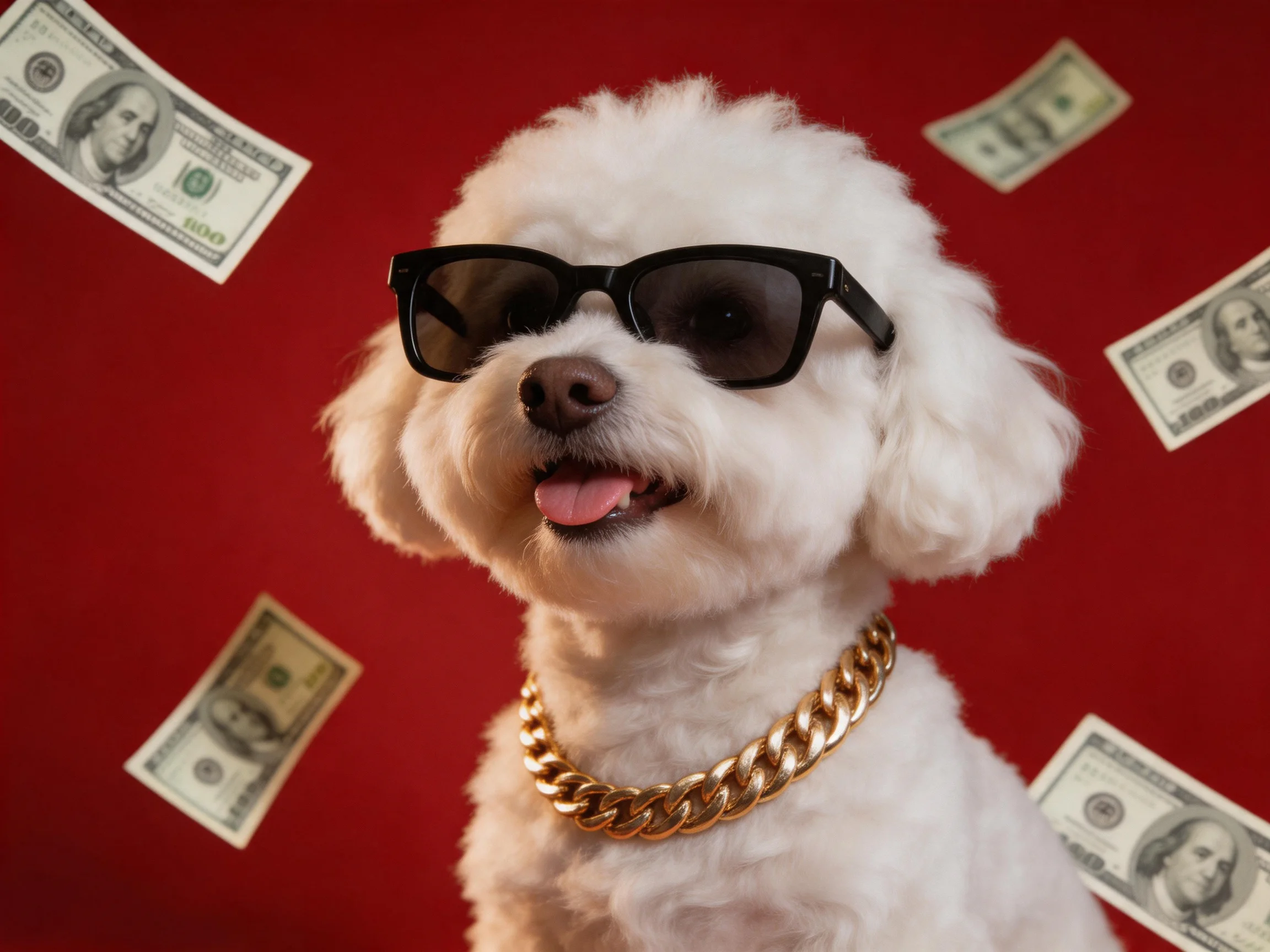 A stylish white dog with sunglasses and gold chain amid dollar bills on red