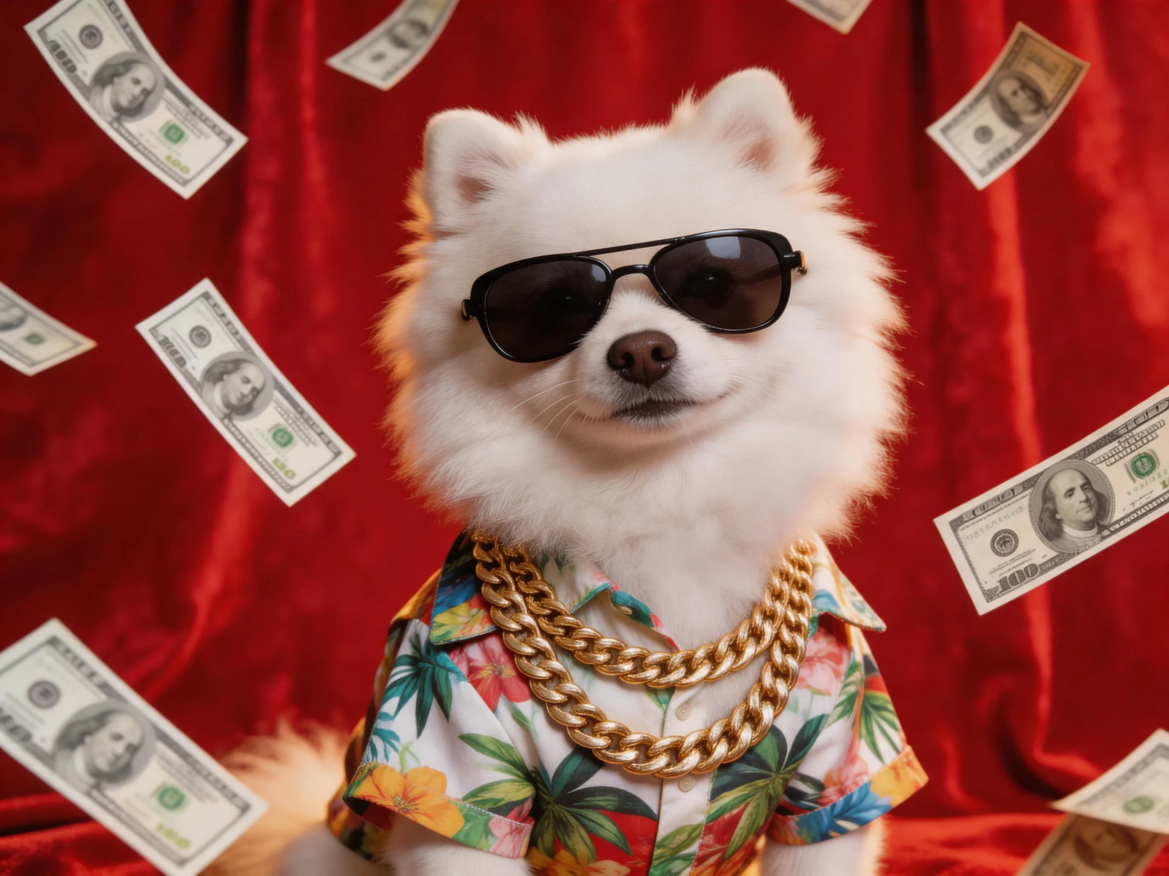 A stylish white dog with sunglasses, gold chains, and a floral shirt amid falling dollar bills