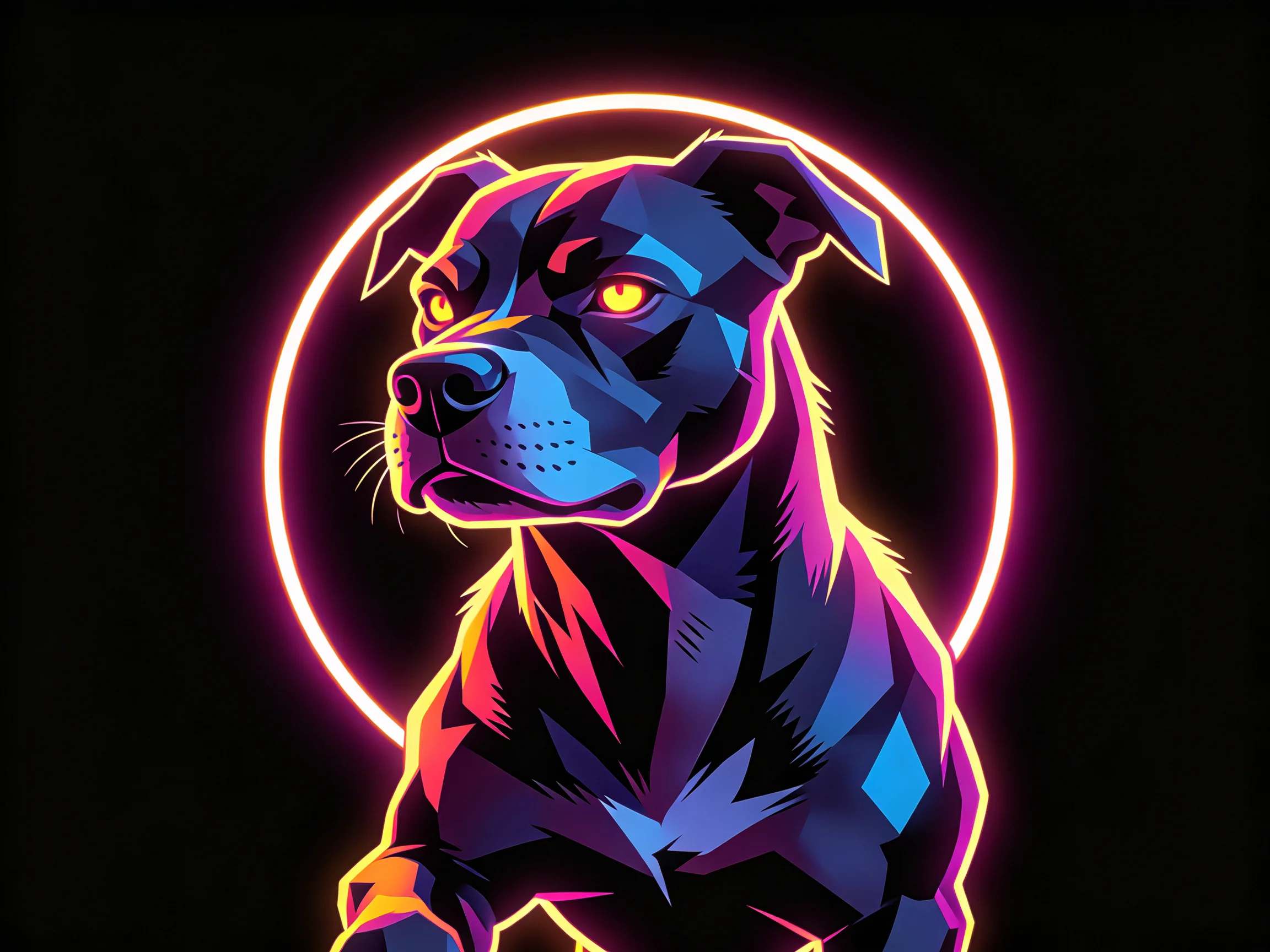 A stylized neon dog with pink, blue, and orange hues behind a glowing circle