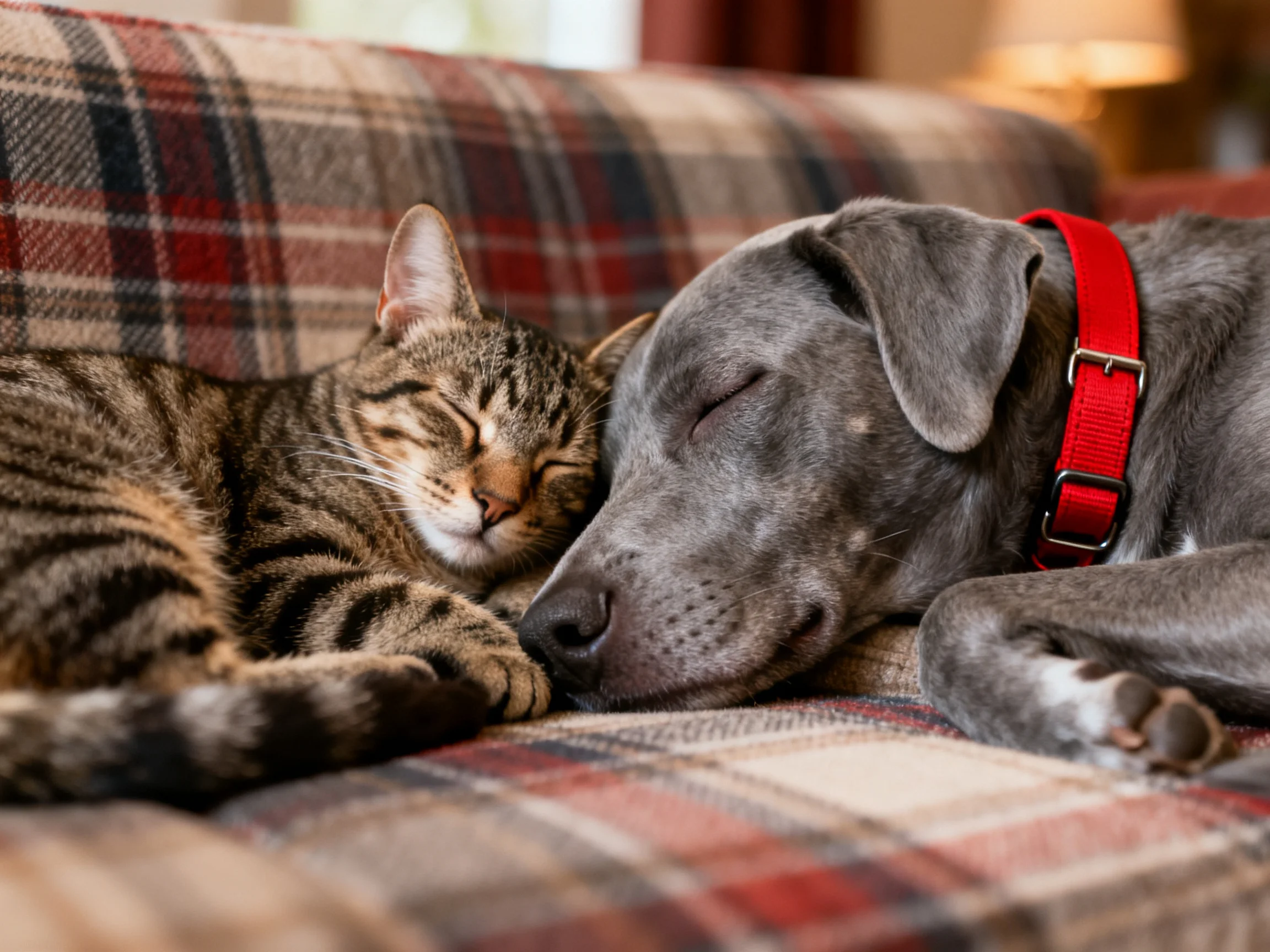 A tabby cat and gray dog cuddle on a plaid couch